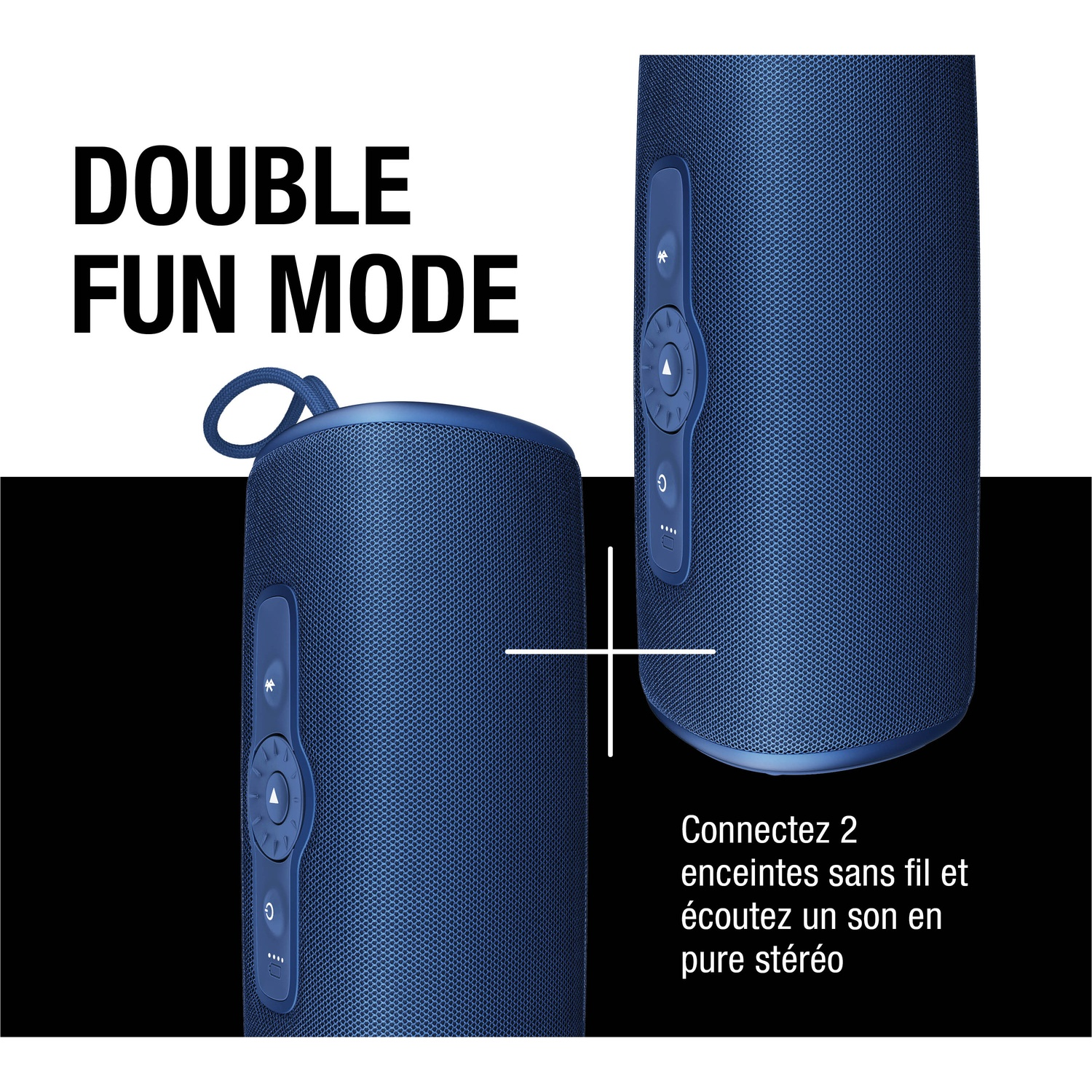 Deux enceintes bleues avec boutons de contrôle et texte pour Mode Double Fun.