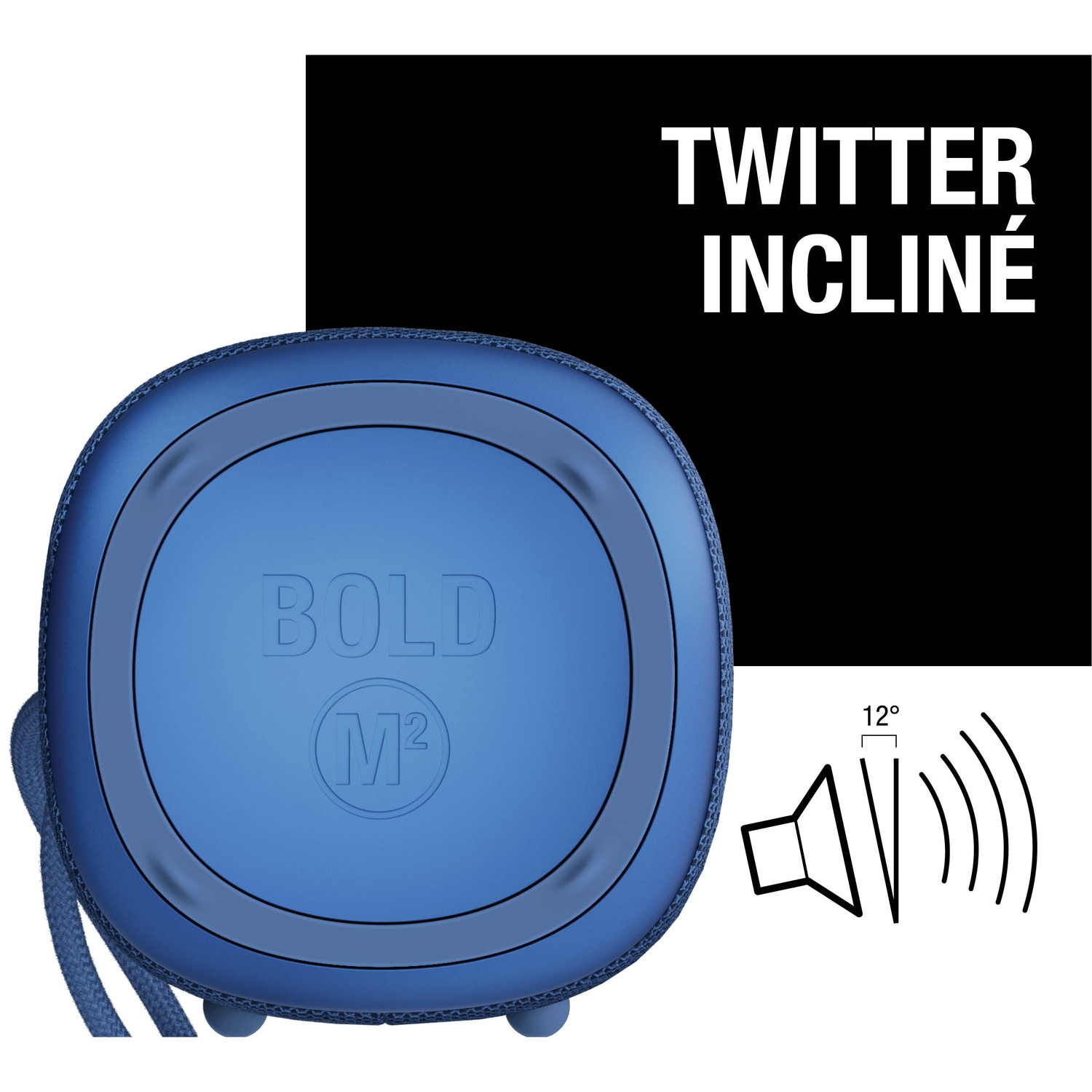 Haut-parleur bleu avec logo et indicateur d'angle.