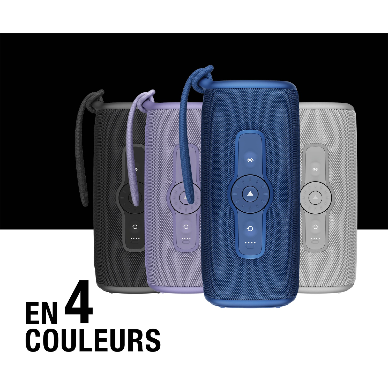 Quatre haut-parleurs Bluetooth noirs, violets, bleus et gris côte à côte.