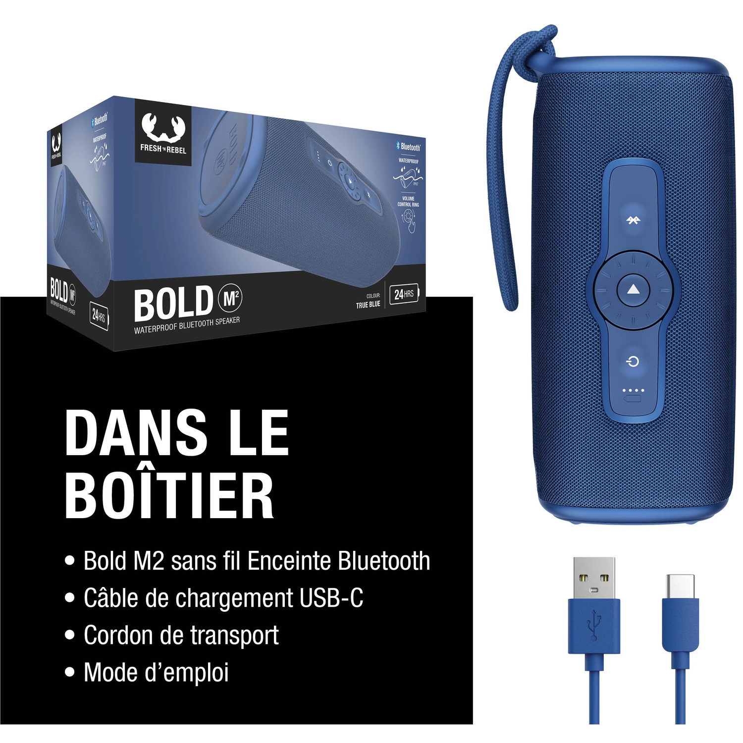 Enceinte Bluetooth étanche bleue avec commandes, câble de chargement et emballage.