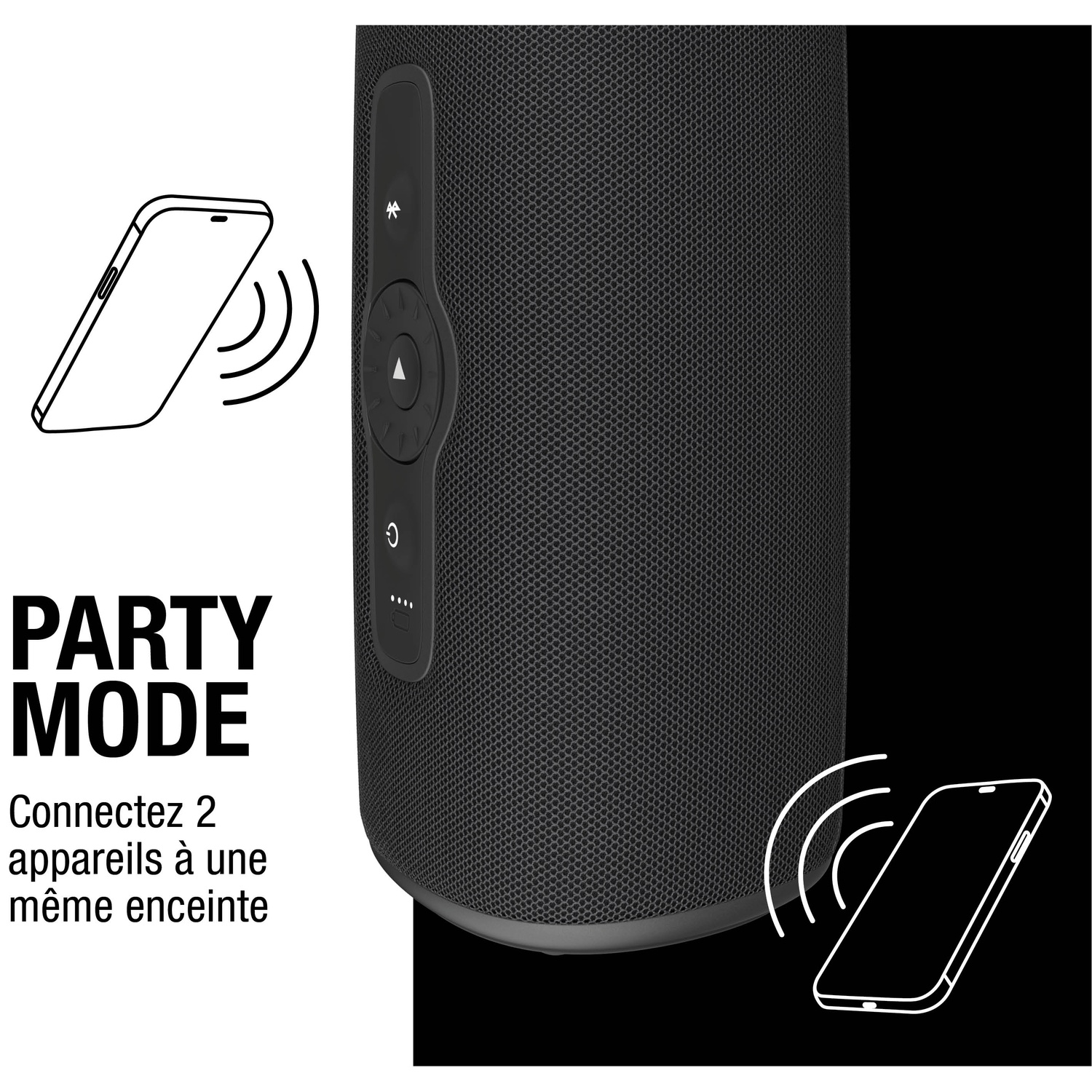 Illustration montre un smartphone se connectant à une enceinte en mode fête.