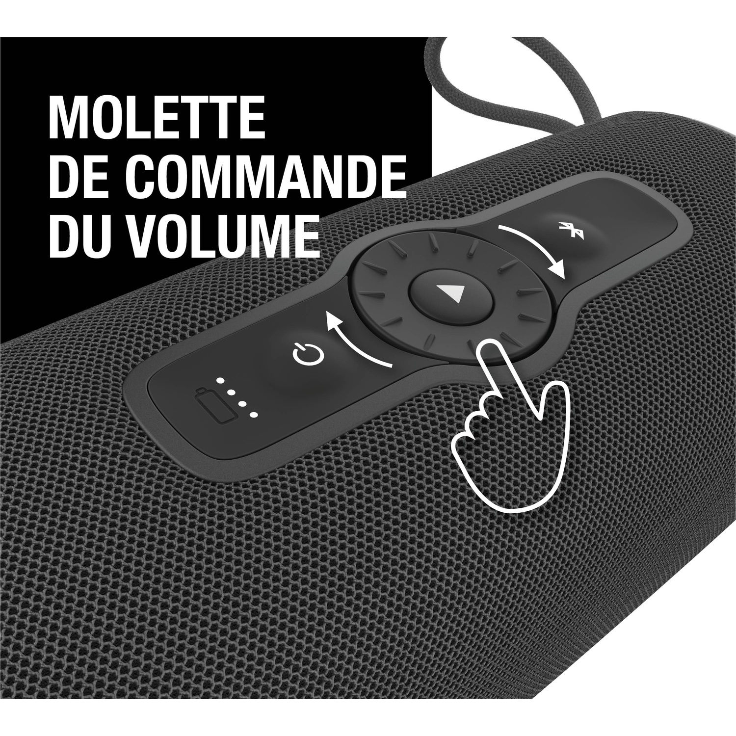 Haut-parleur noir avec molette de volume et symbole Bluetooth.