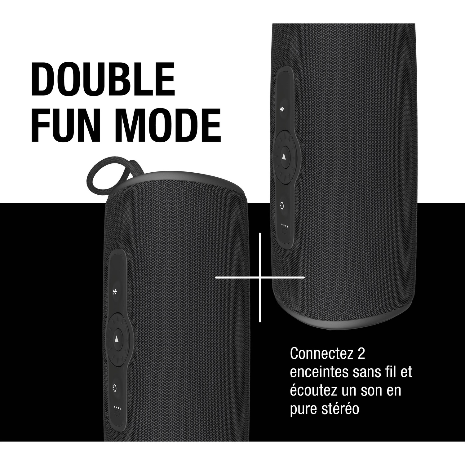 Deux haut-parleurs noirs en mode stéréo. Texte : DOUBLE FUN MODE.