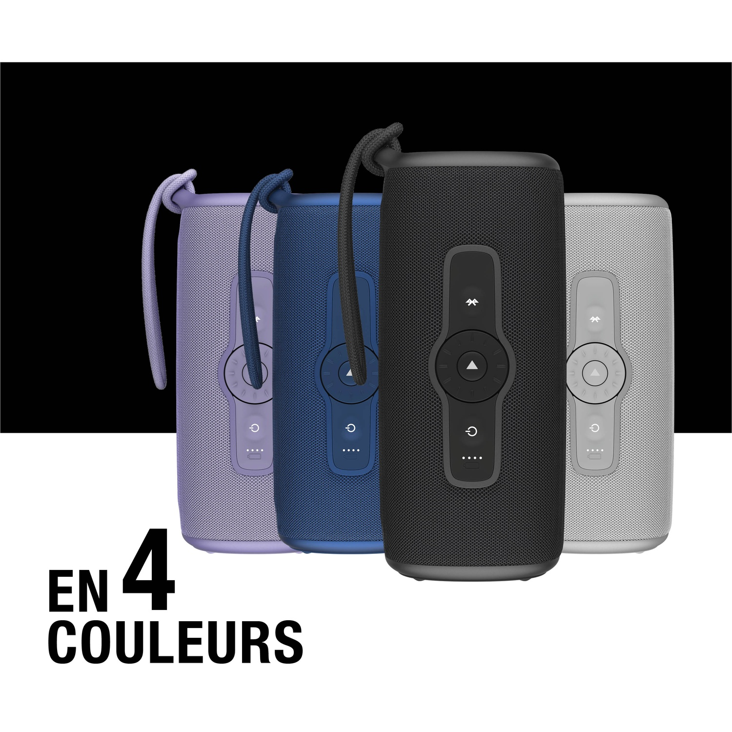 Quatre haut-parleurs Bluetooth mauves, bleus, noirs et gris.