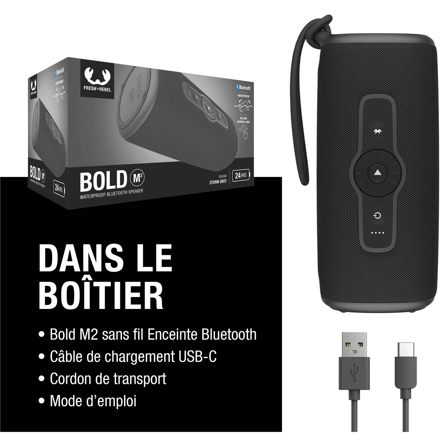 Enceinte Bluetooth grise avec contenu de boîte, câble de chargement, manuel.