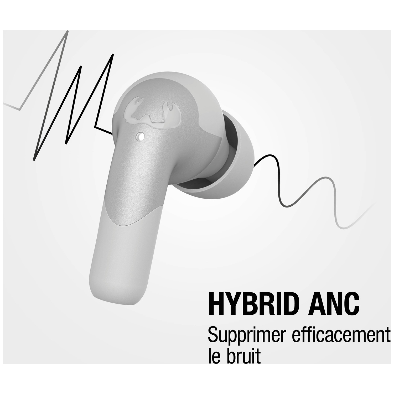 Écouteur gris avec graphique d'onde sonore et texte.