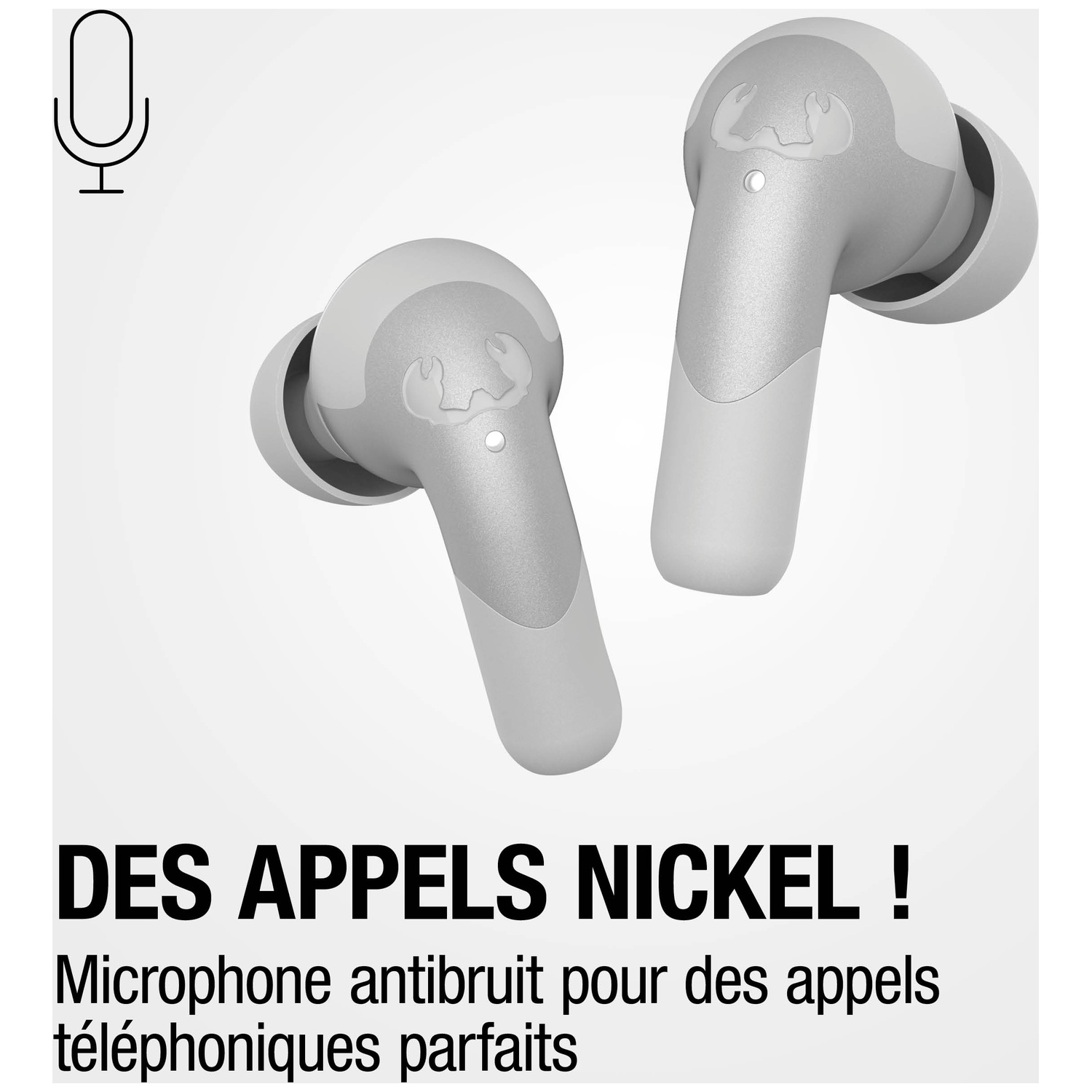 Écouteurs sans fil gris avec icône de micro et texte.
