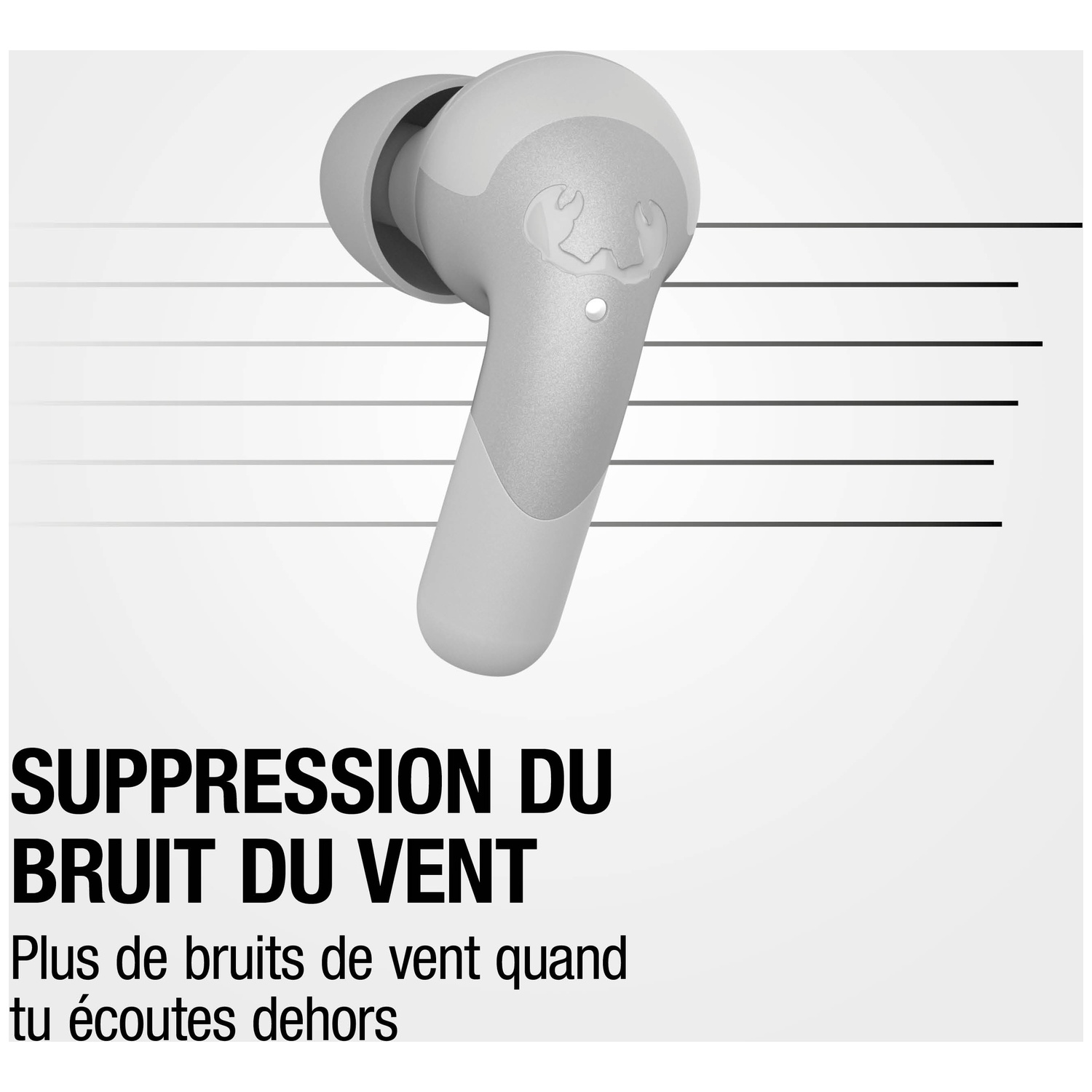 Un écouteur gris avec suppression du bruit du vent.