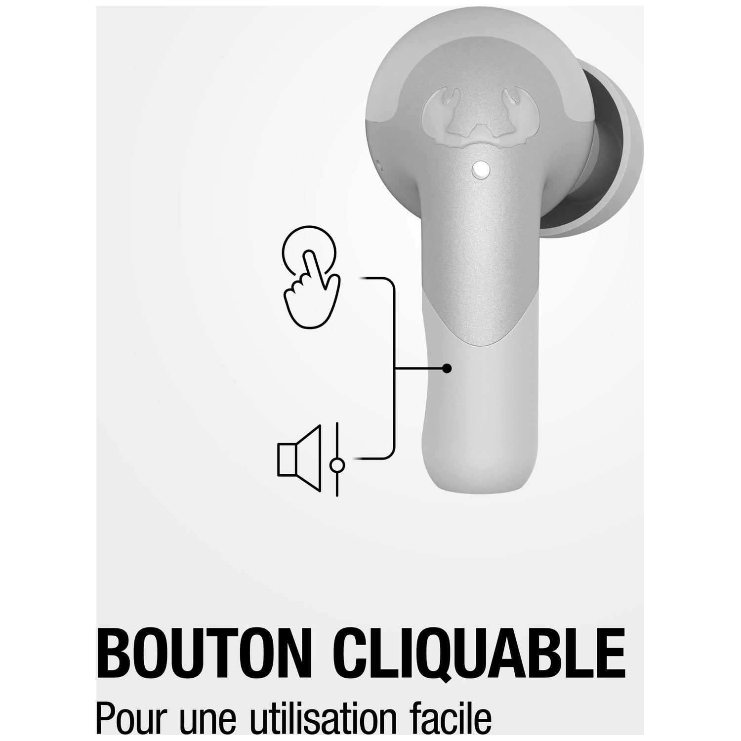Écouteur gris avec icônes tactile et haut-parleur.