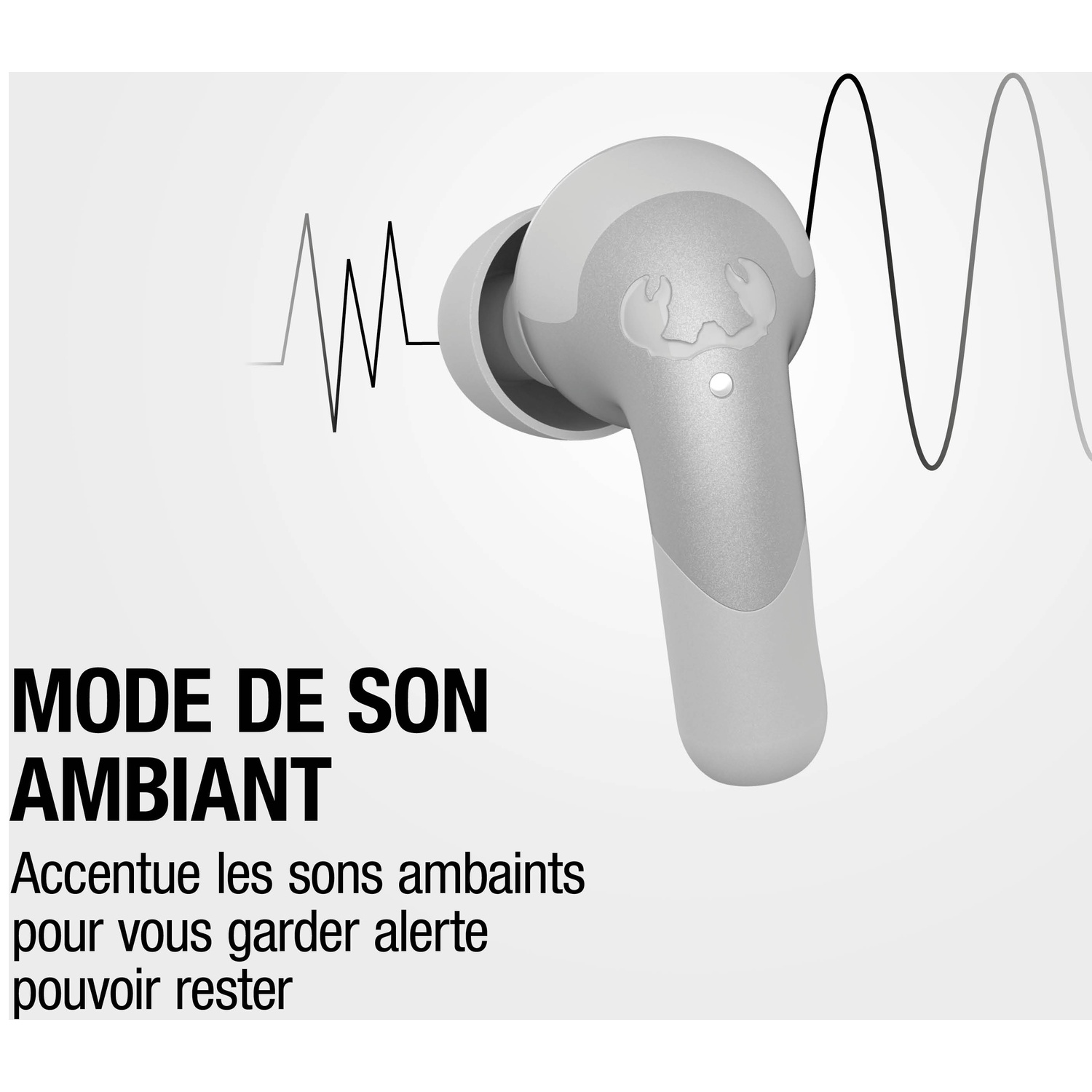 Un écouteur gris montré avec des formes d'onde représentant le son ambiant.