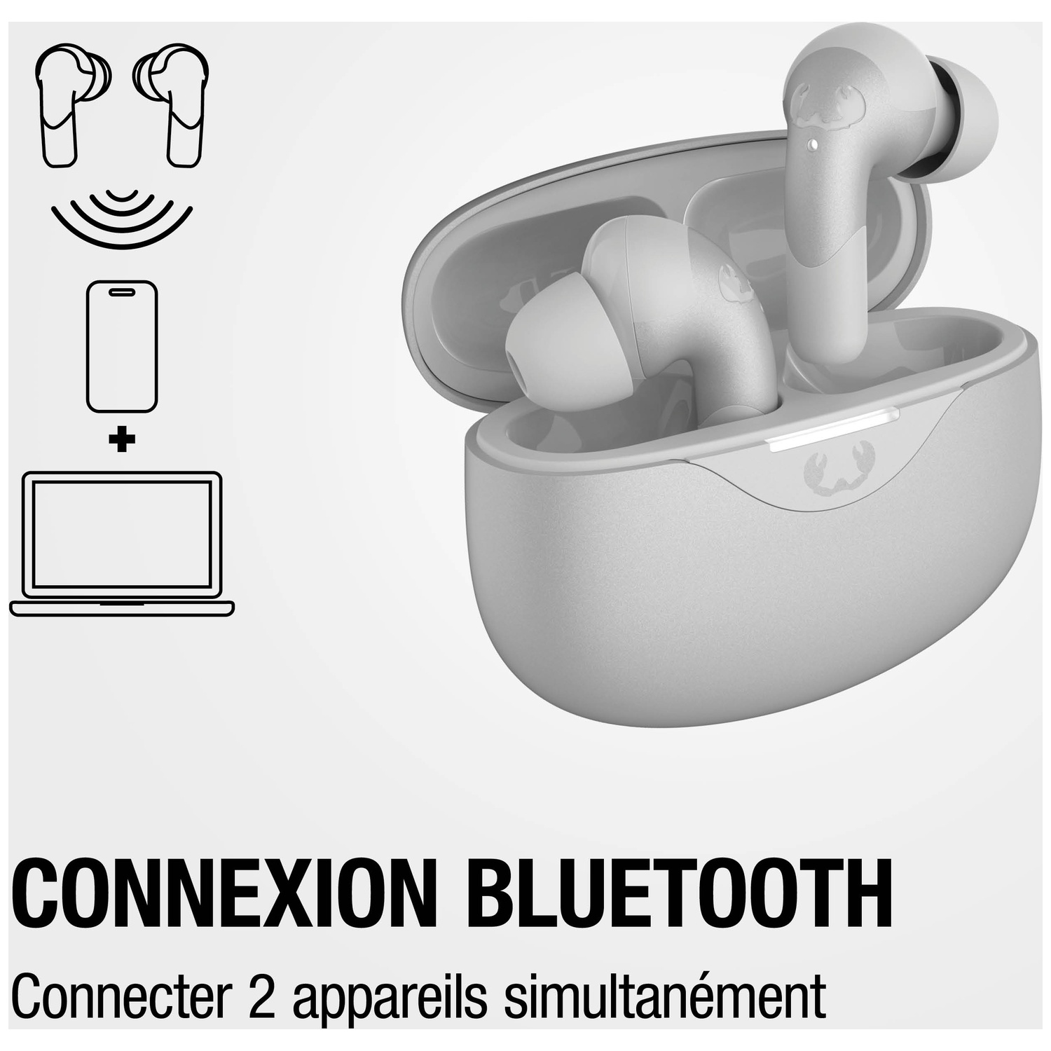 Écouteurs Bluetooth blancs dans un étui de chargement avec icônes smartphone et ordinateur portable.