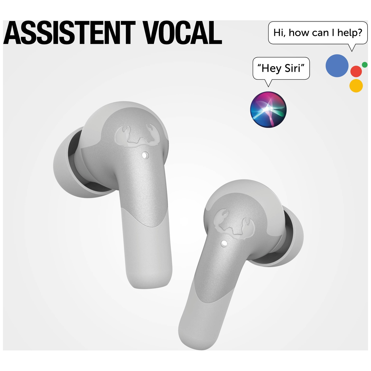 Deux écouteurs sans fil blancs avec logo et icônes d'assistant vocal.