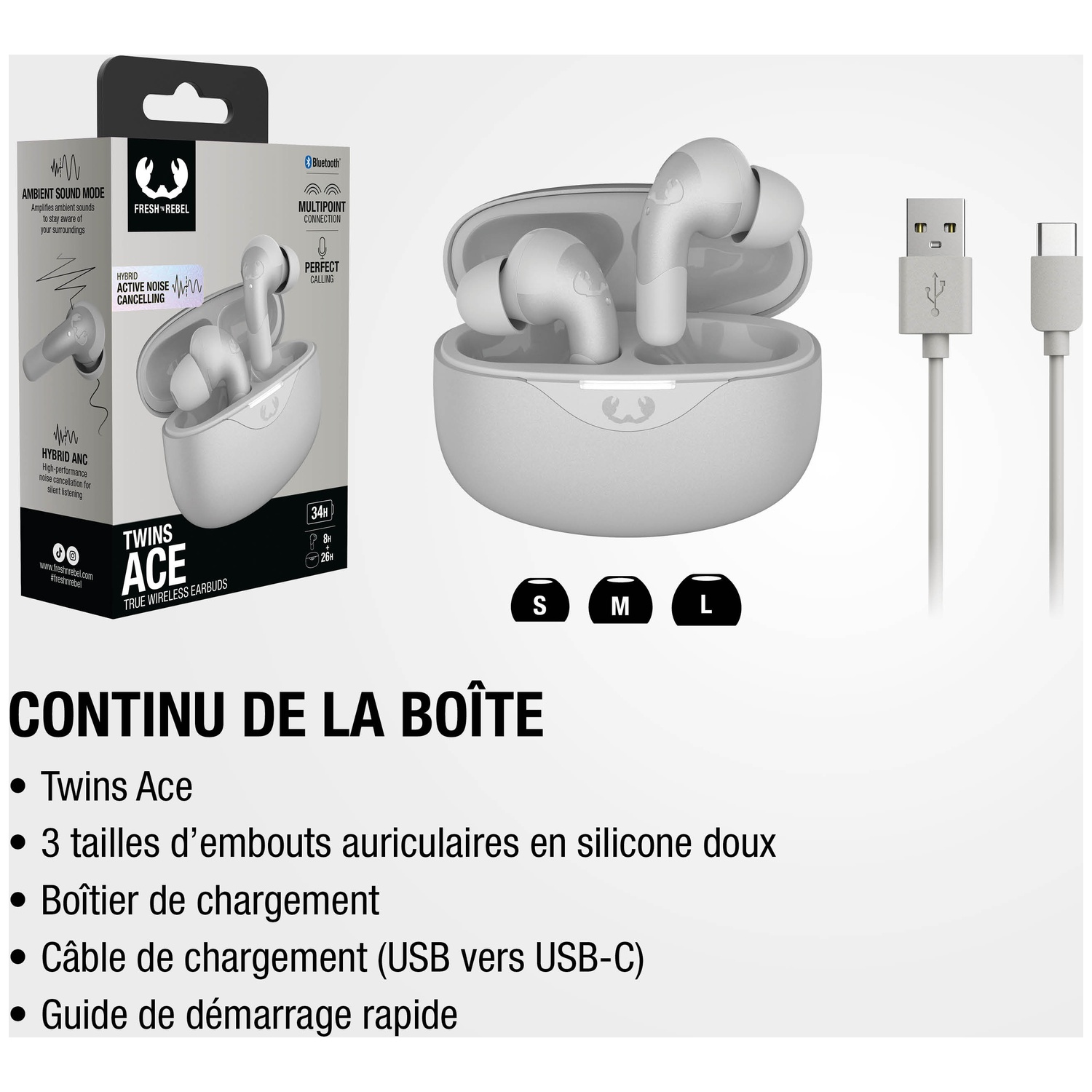 Écouteurs blancs avec boîtier de charge, câble USB-C et tailles S, M, L.