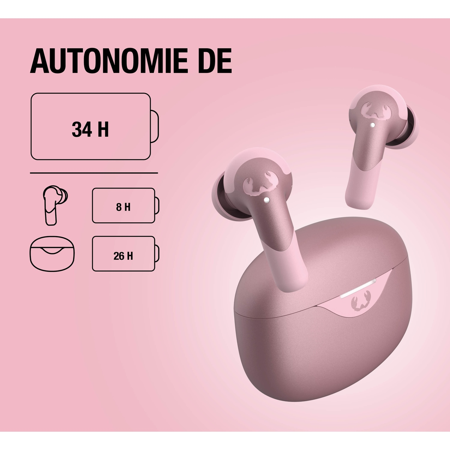 Écouteurs sans fil roses avec étui de chargement, affichant 34H d'autonomie.