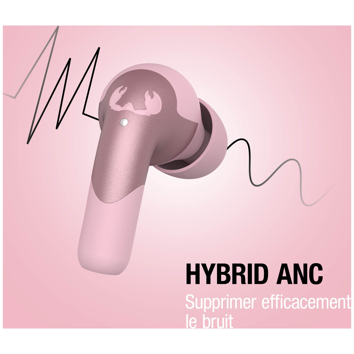 Une oreillette rose avec un graphique de crabe et des ondes sonores.