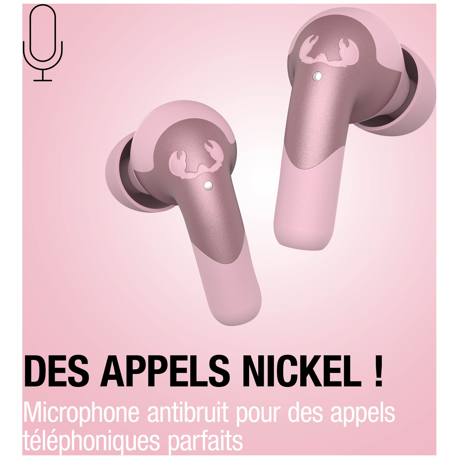 Écouteurs roses avec logo de crabe et icône de micro.