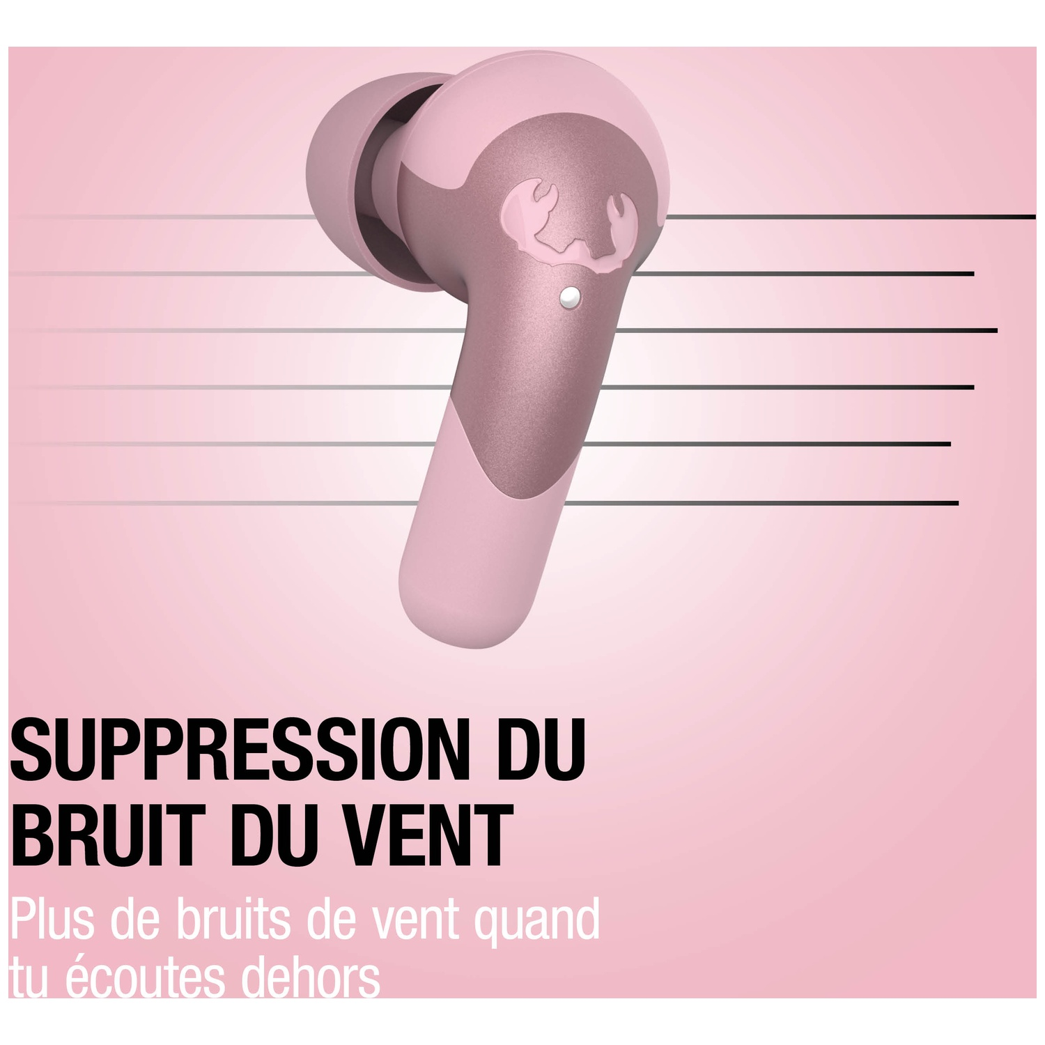 Un écouteur rose avec suppression du bruit du vent.