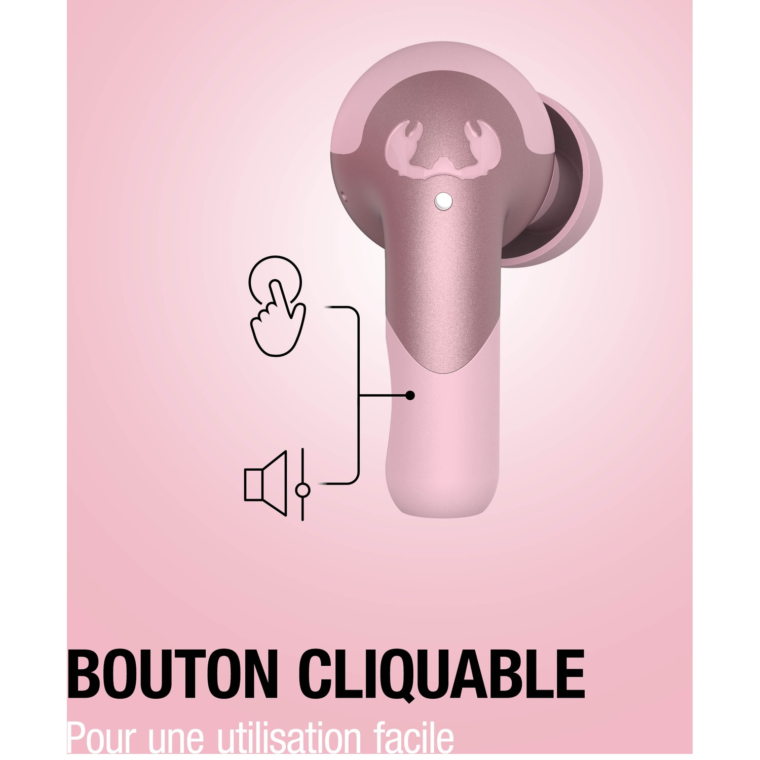 Un écouteur sans fil rose avec des icônes de commande tactile.