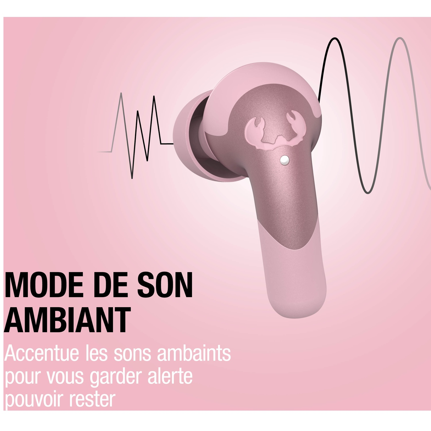 Un écouteur rose avec logo crabe et ondes sonores sur fond rose.
