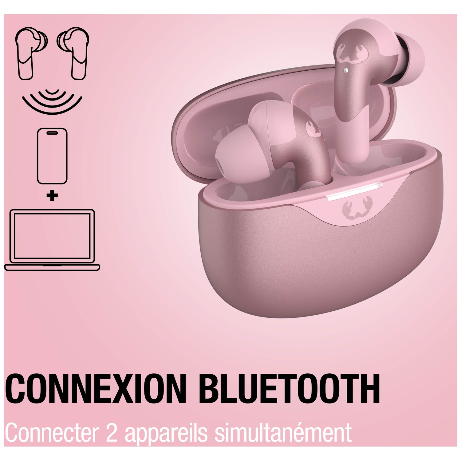 Écouteurs sans fil roses dans un étui de chargement. Icônes montrent connexion smartphone et ordinateur.