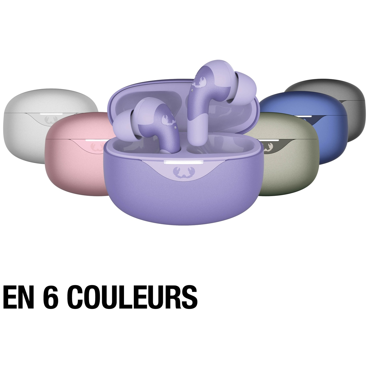 Six ensembles d'écouteurs colorés sont présentés sur fond blanc.