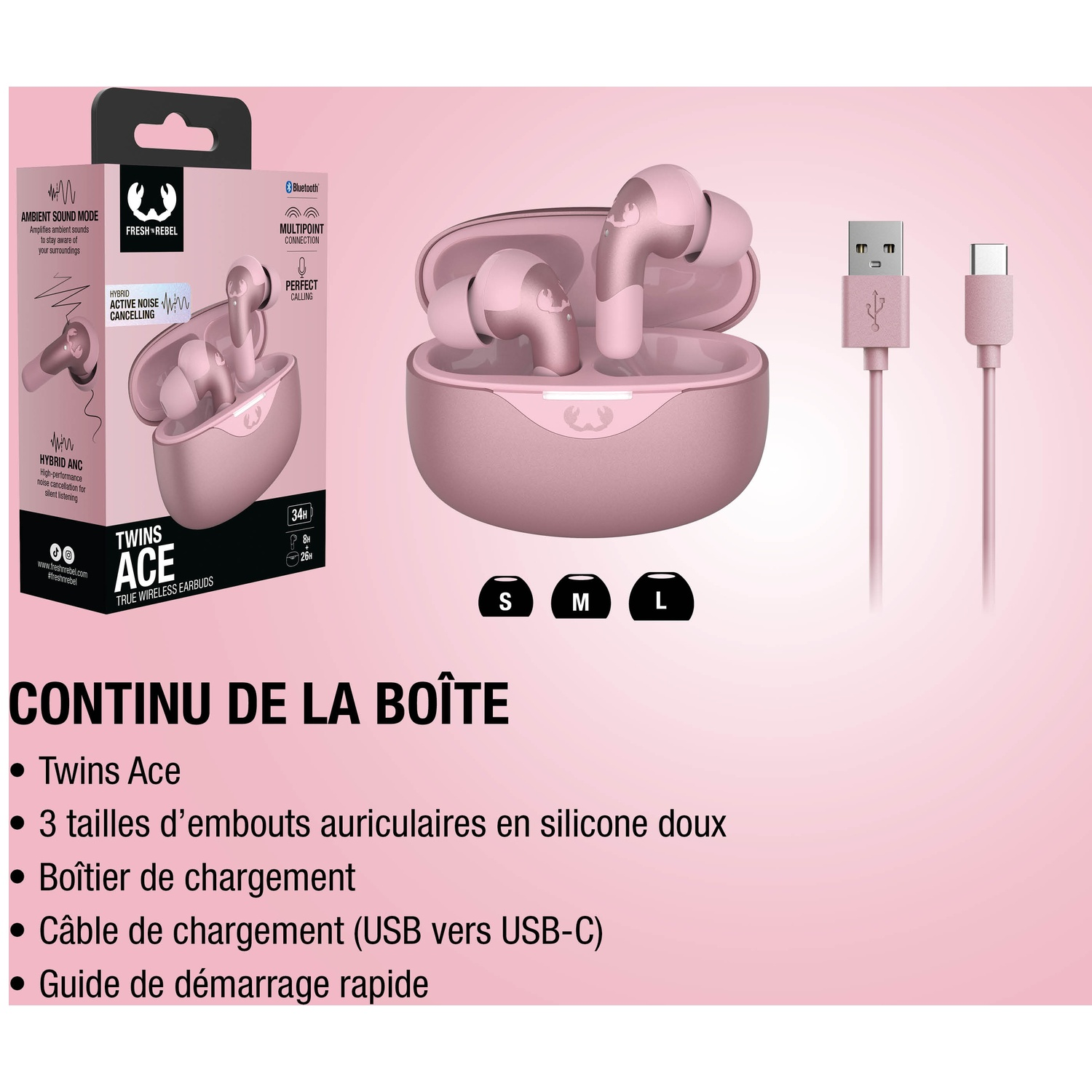 Écouteurs roses Fresh 'n Rebel Twins Ace avec étui de chargement, USB-C et câble sur fond rose.