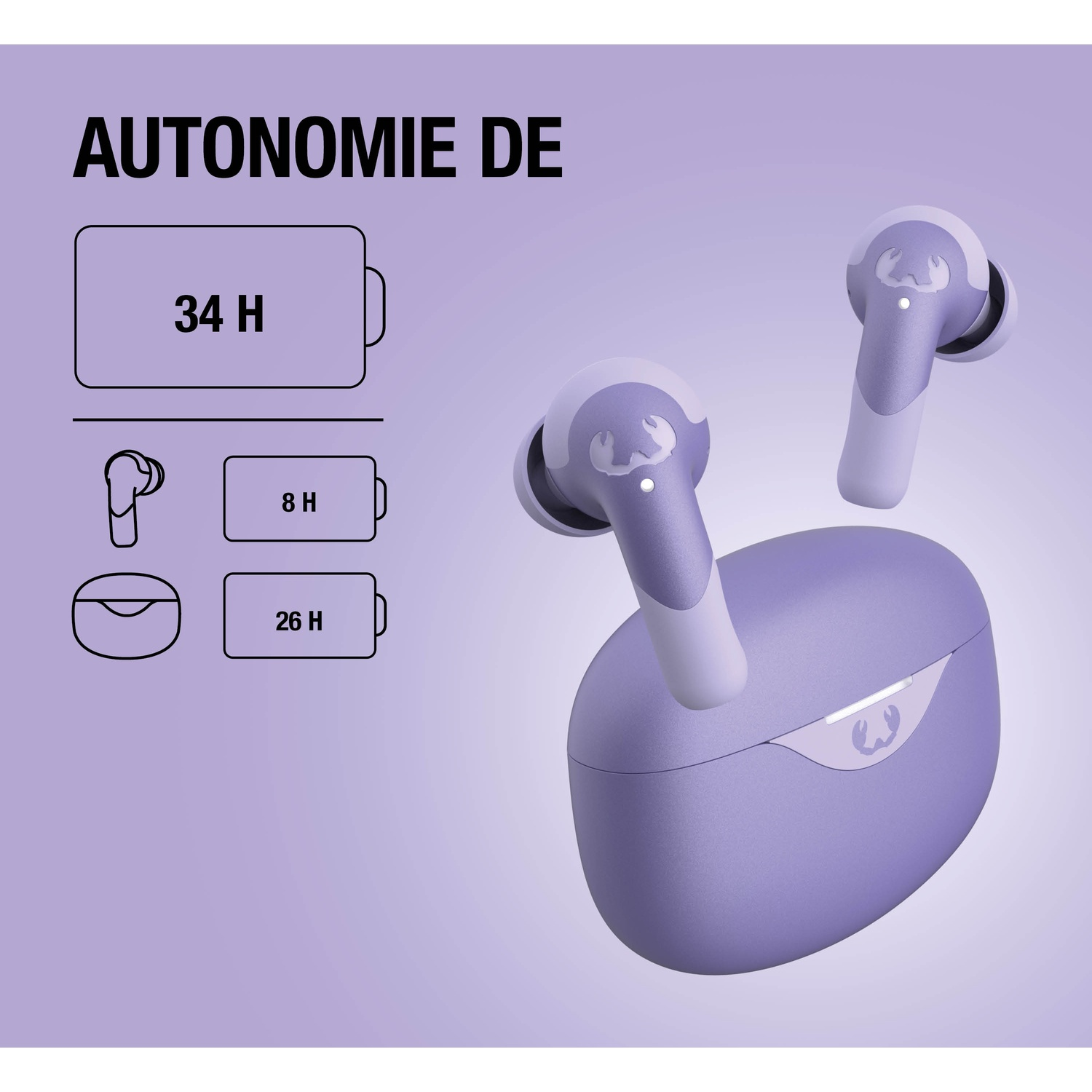 Écouteurs sans fil violets avec étui de chargement et indicateurs de batterie.