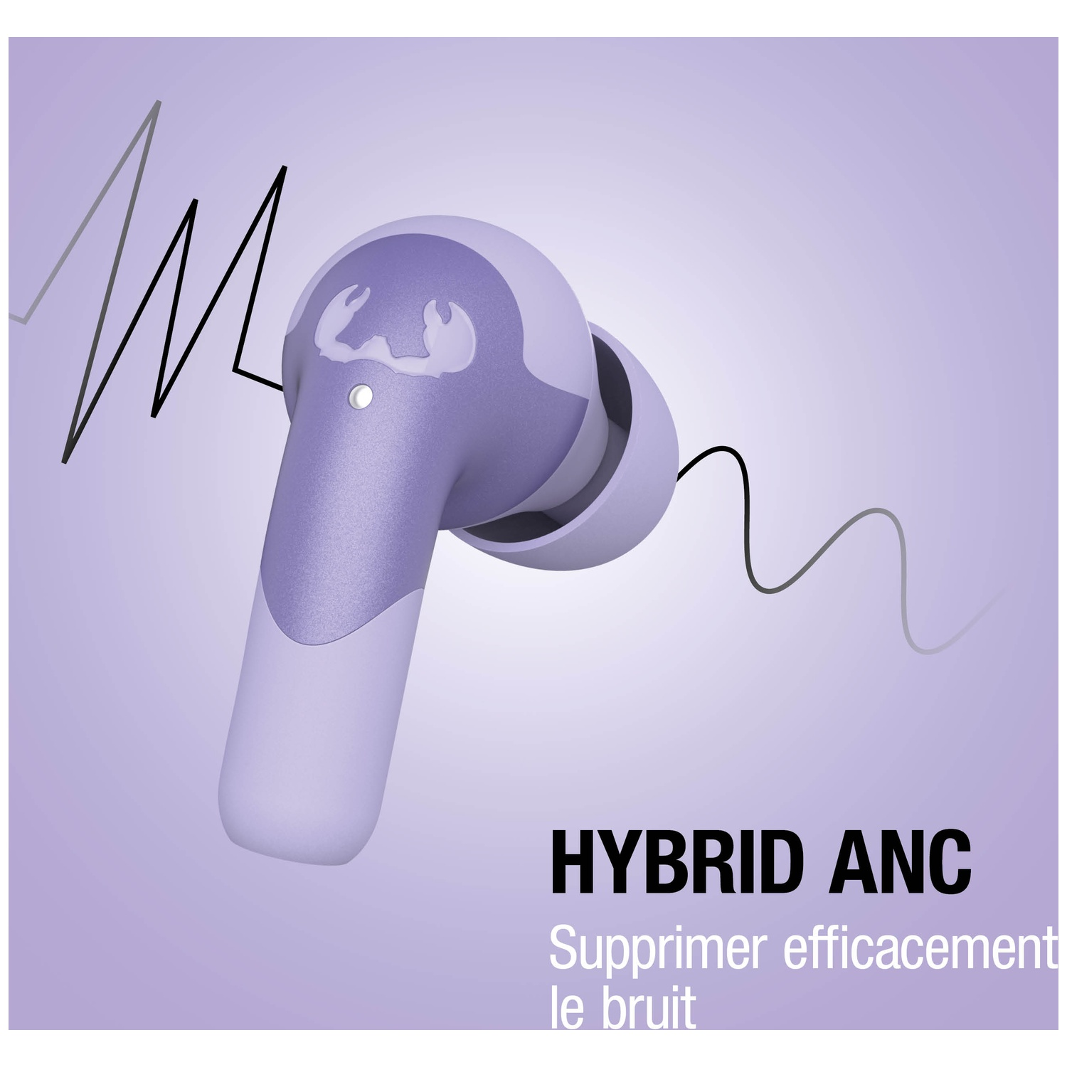 Écouteur violet avec logo de crabe stylisé et forme d'onde.