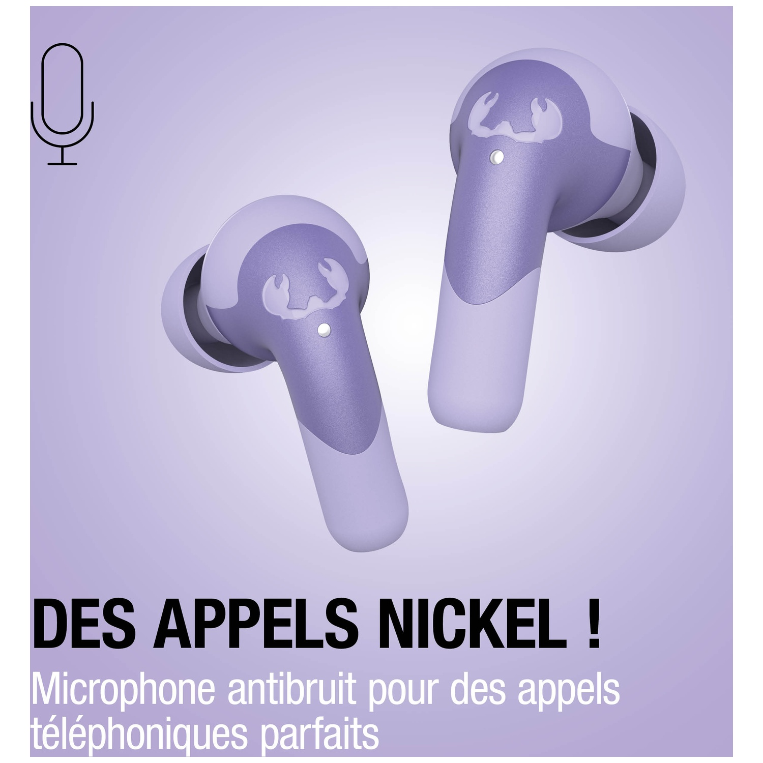 Écouteurs violets avec icône de micro et texte.