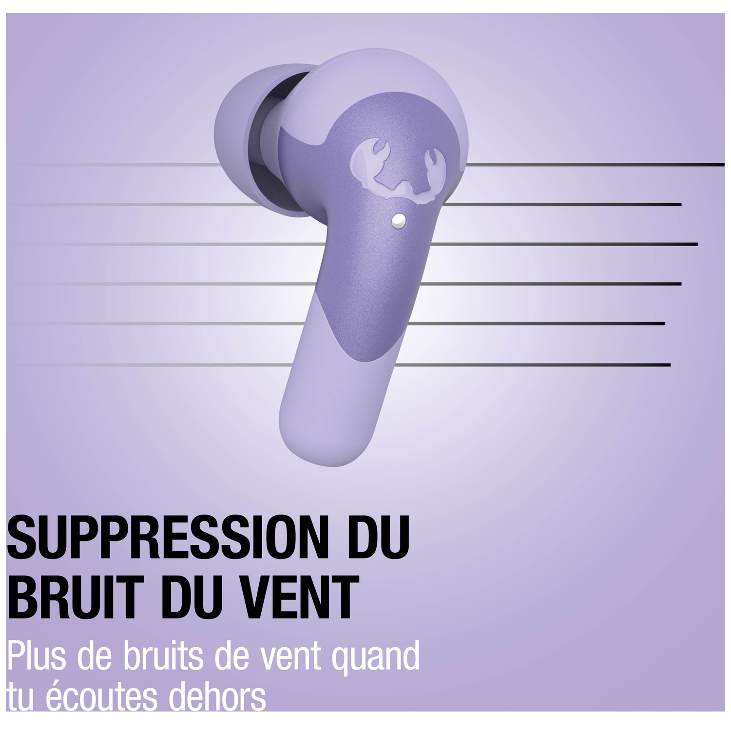 Écouteur violet avec réduction du bruit du vent sur fond violet avec lignes.