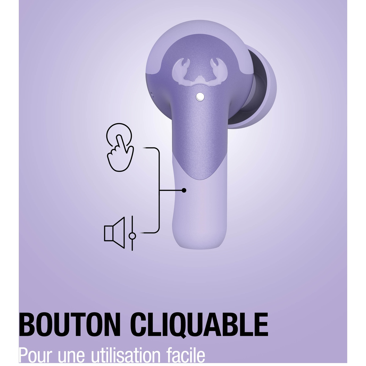 Écouteur sans fil violet avec icône tactile et icône de haut-parleur.