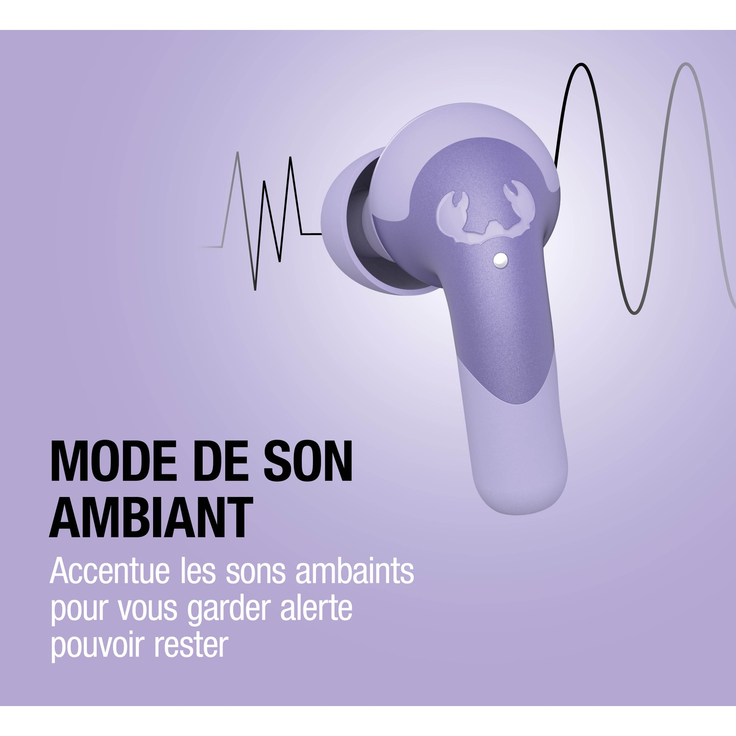 Écouteur violet avec graphique d'onde sonore et texte sur fond violet.