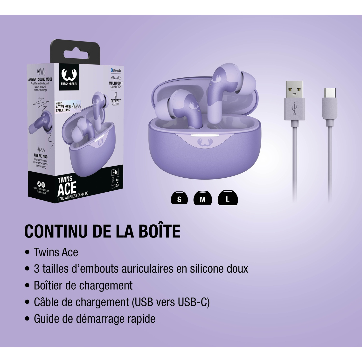 Écouteurs et étui de chargement violets avec câble USB-C. Emballage et détails produit.