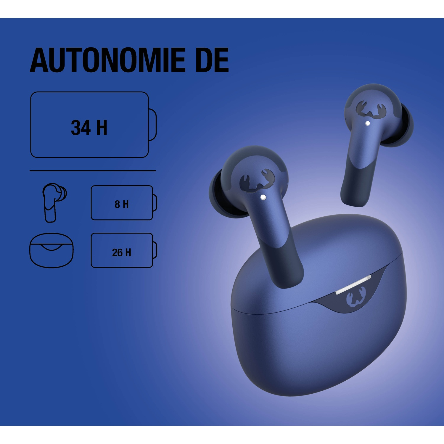 Écouteurs sans fil bleus avec étui de chargement. Graphiques indiquent 34h, 8h, 26h d'autonomie.
