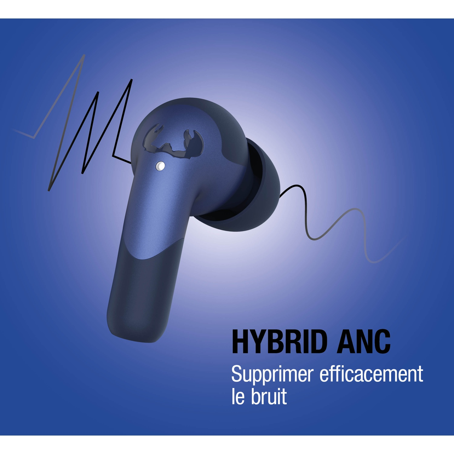 Écouteurs bleu foncé avec ANC et ondes sonores sur fond bleu.