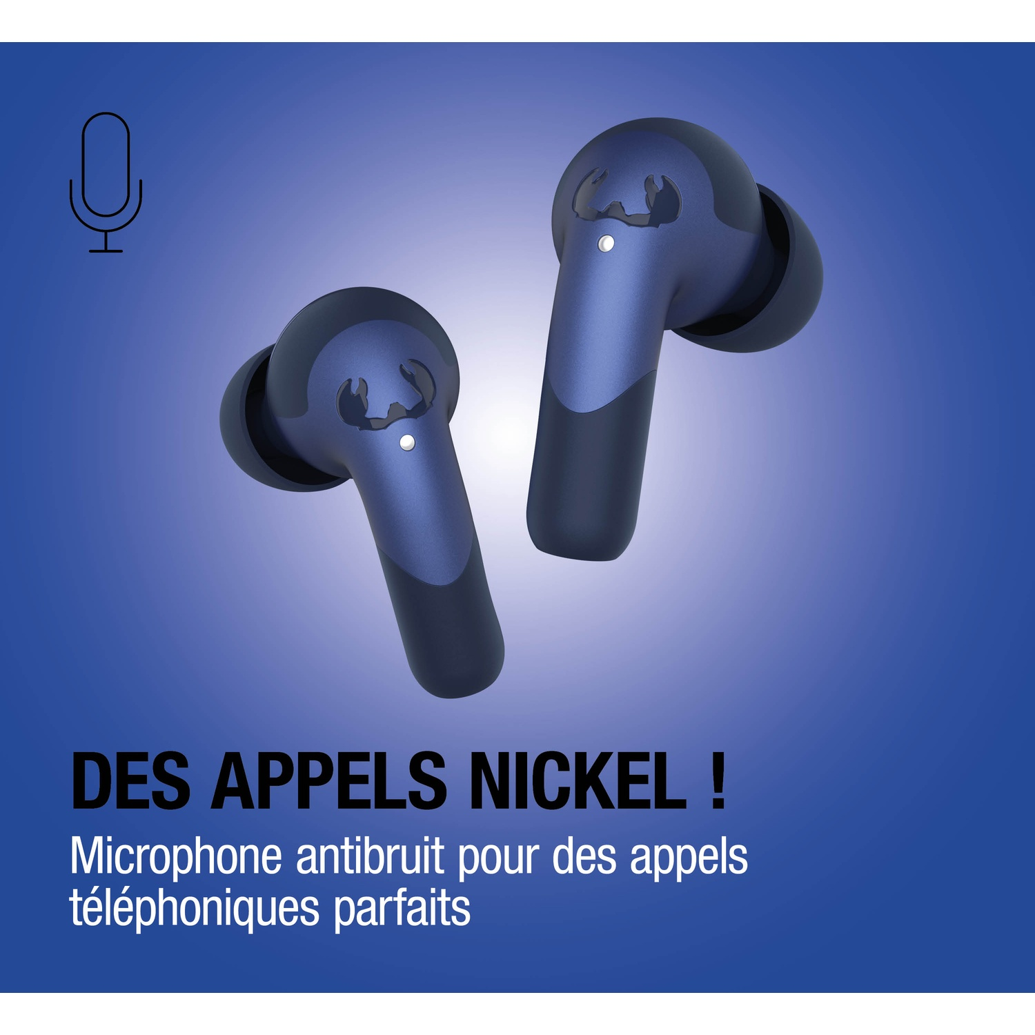 Écouteurs sans fil bleus avec icône de micro et texte sur fond bleu.