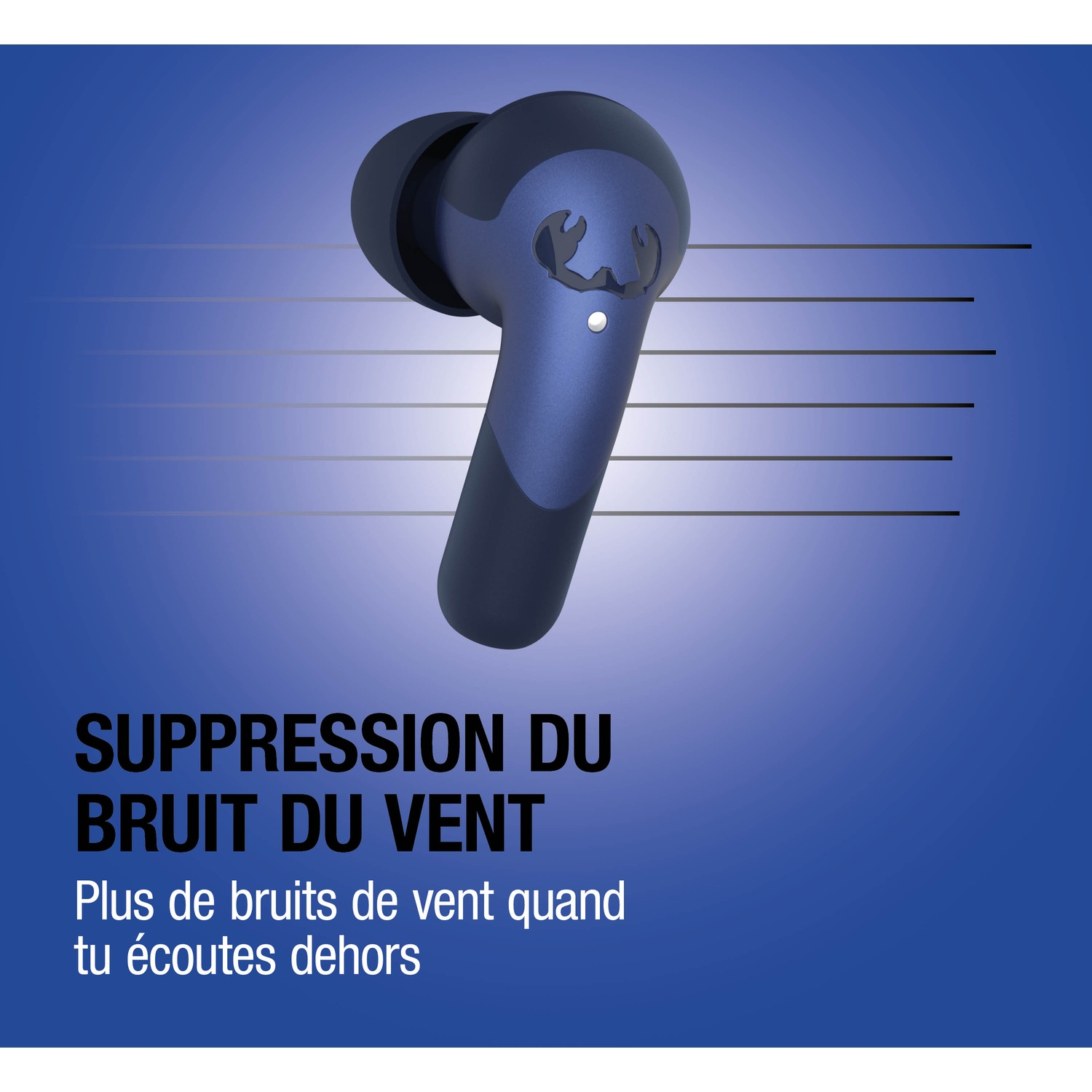 Écouteurs bleu foncé avec réduction du bruit du vent sur fond bleu.