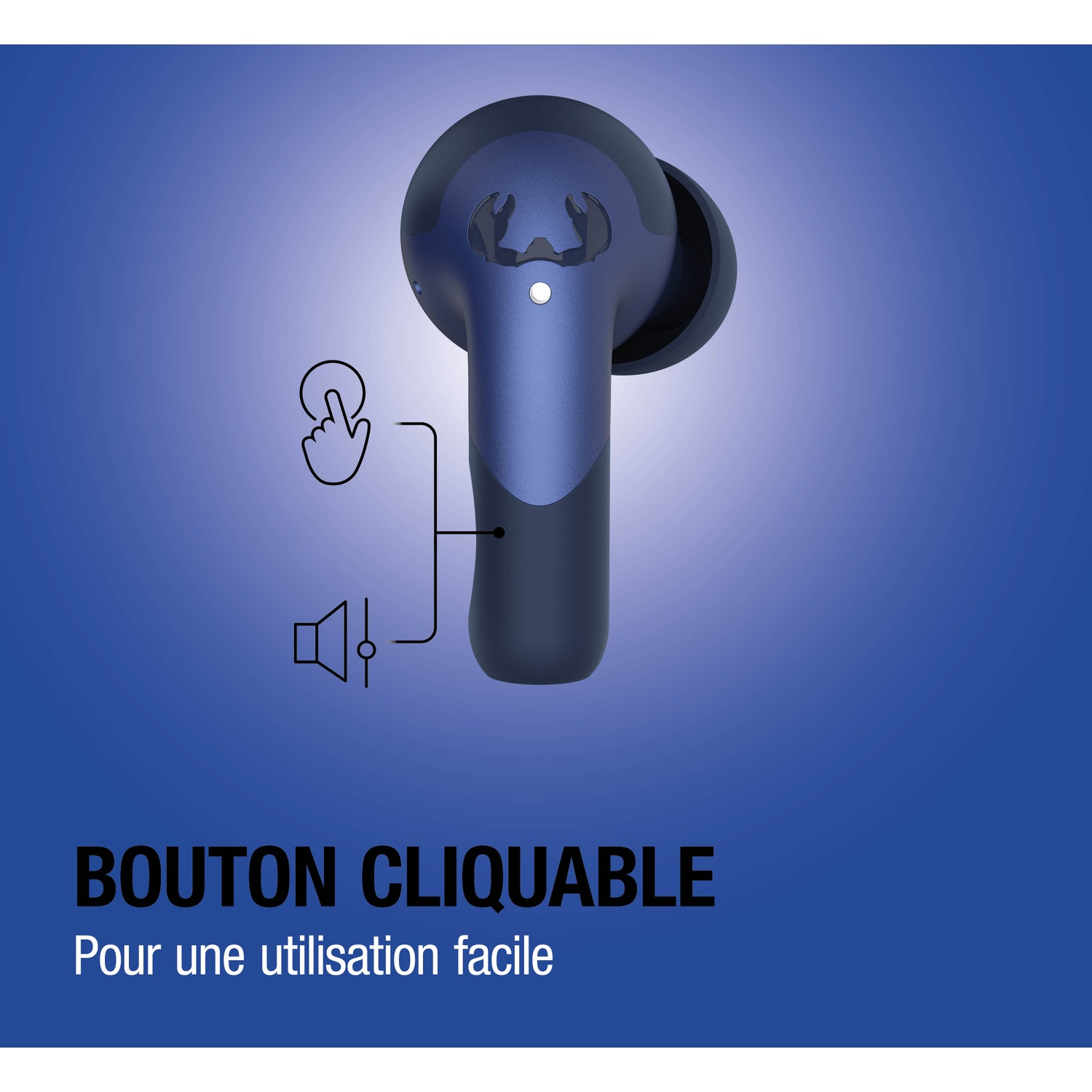 Un écouteur bleu avec une icône tactile et une icône de haut-parleur à côté.