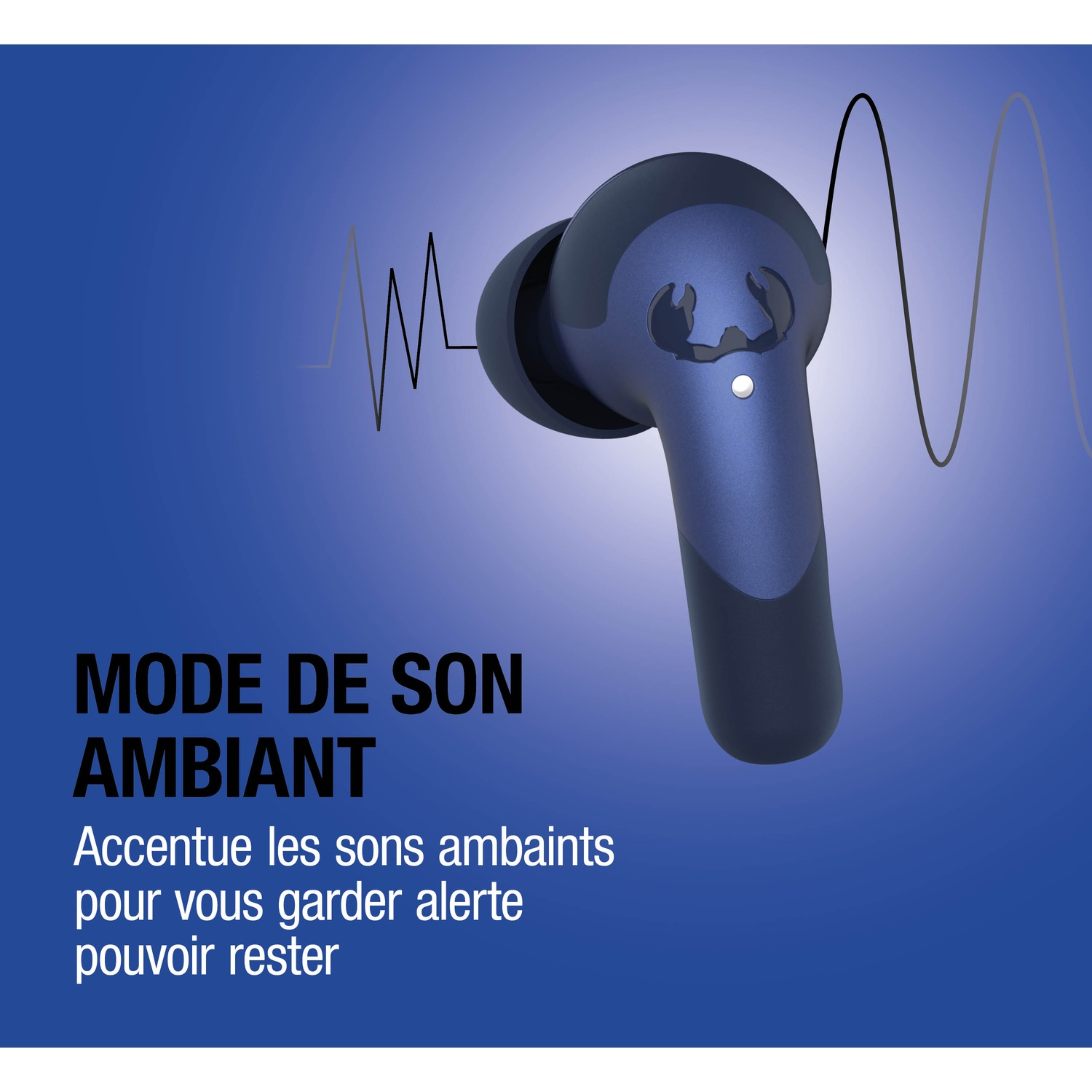 Un écouteur bleu avec des ondes sonores sur fond bleu.