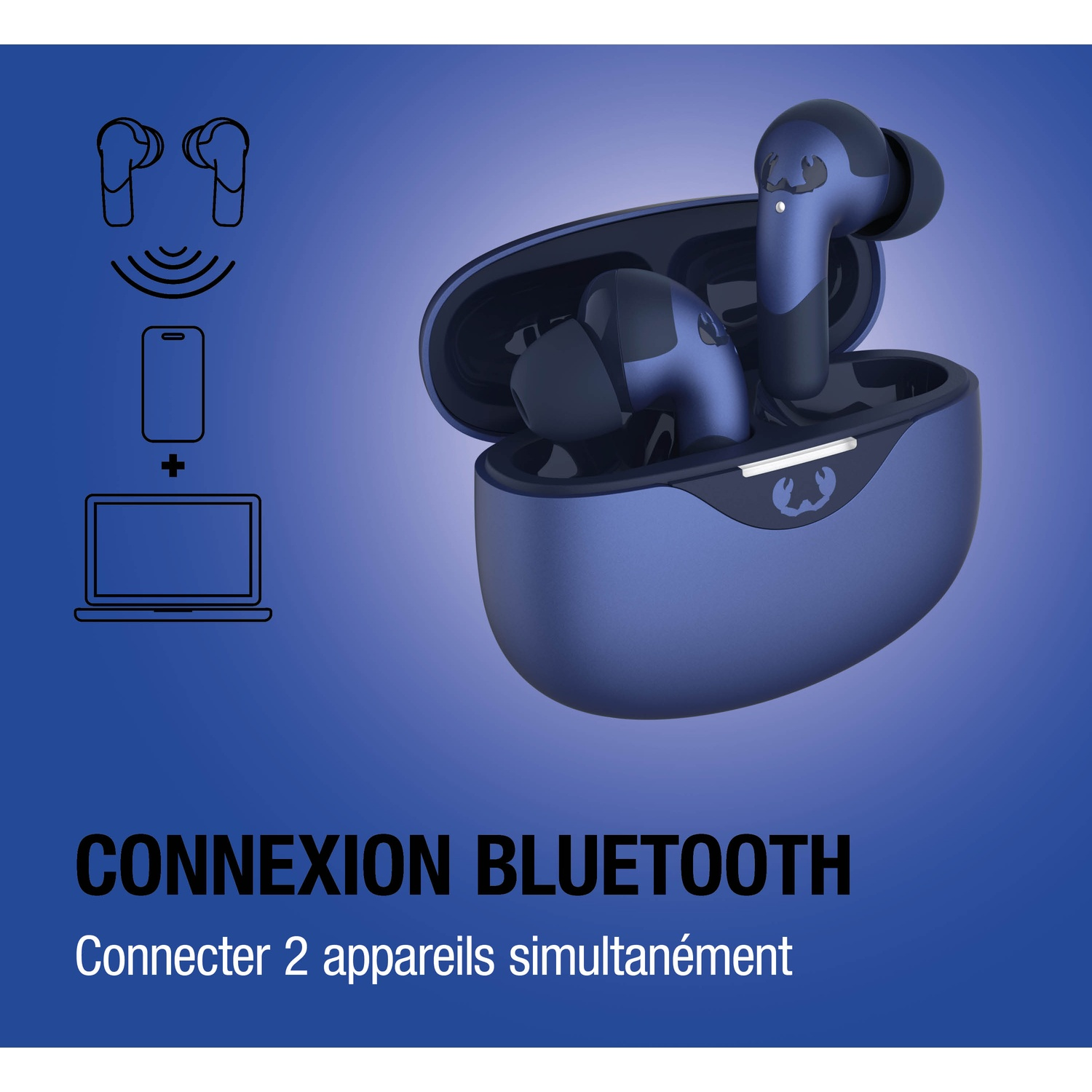 Écouteurs sans fil bleus dans un étui de chargement avec icônes de connexion.