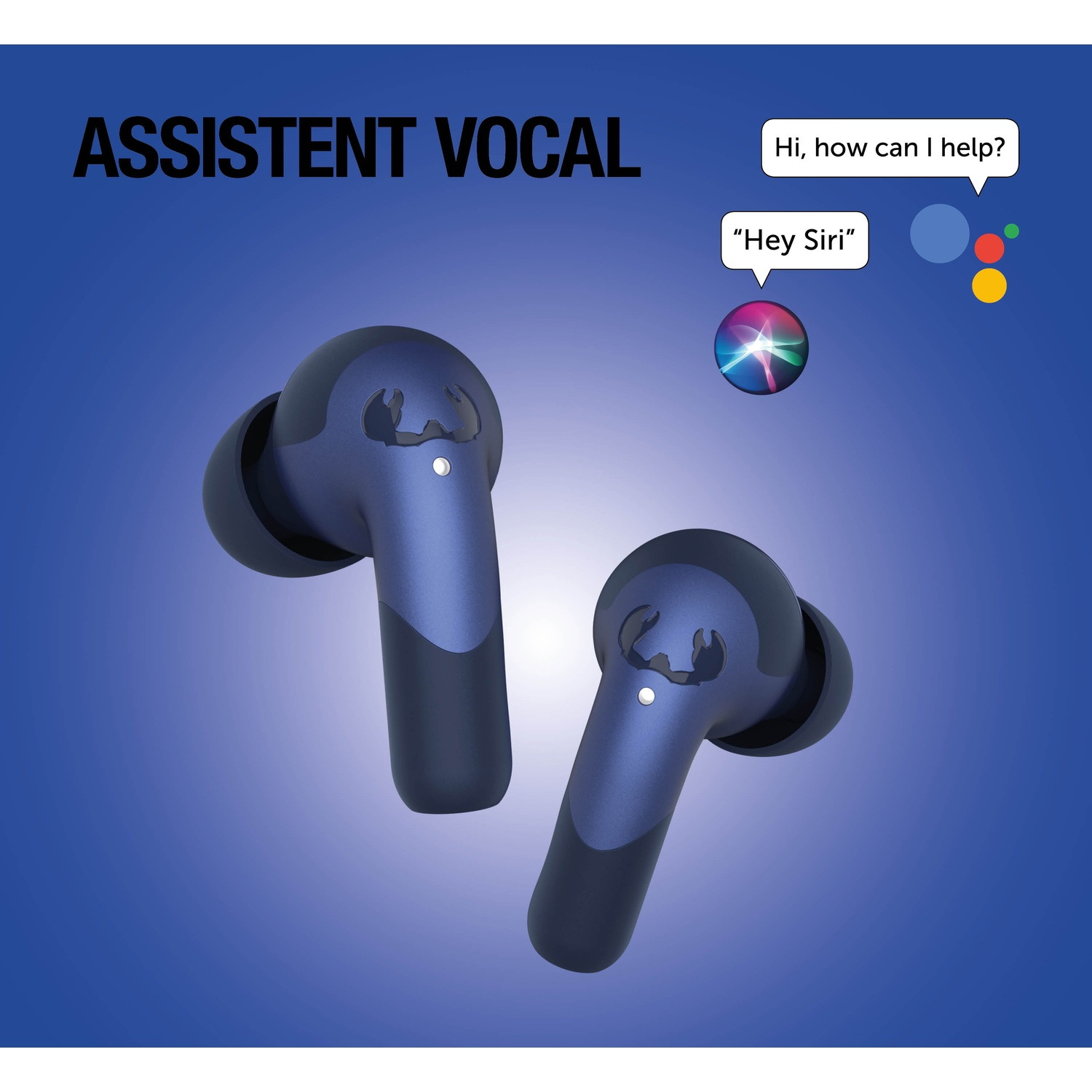 Deux écouteurs bleus avec le texte « ASSISTENT VOCAL », « Hi, how can I help ? » et « Hey Siri ».