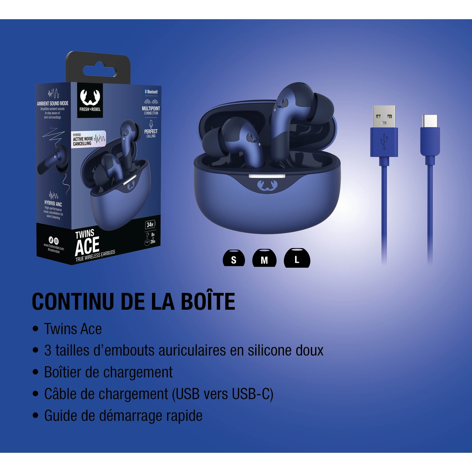 Écouteurs bleus Fresh Rebel Twins Ace avec étui, câble USB-C et tailles d'embouts S, M, L.