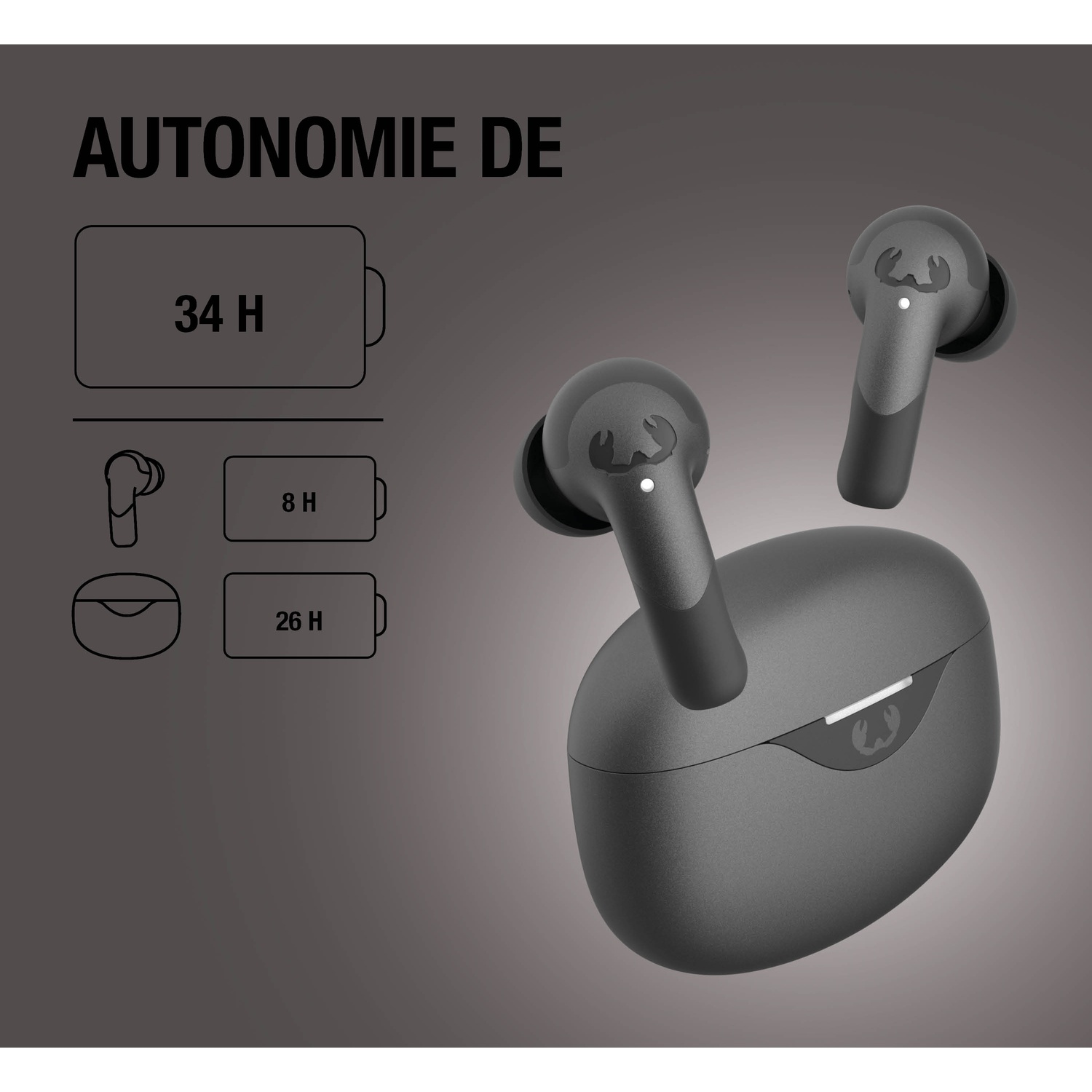 Écouteurs sans fil noirs et étui de chargement avec icônes d'autonomie : 34h, 8h, 26h.