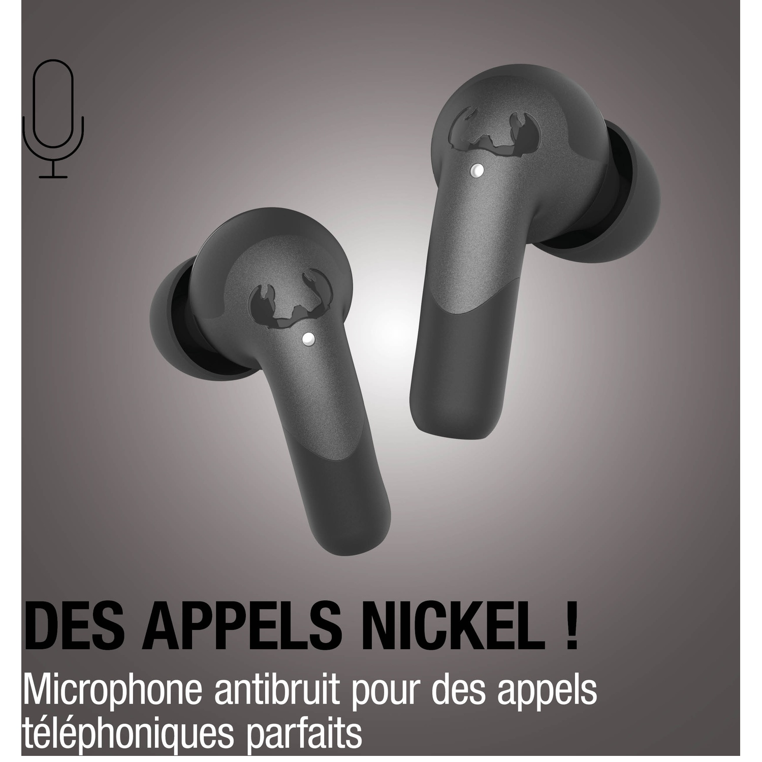 Deux écouteurs sans fil noirs avec une icône de micro et du texte.