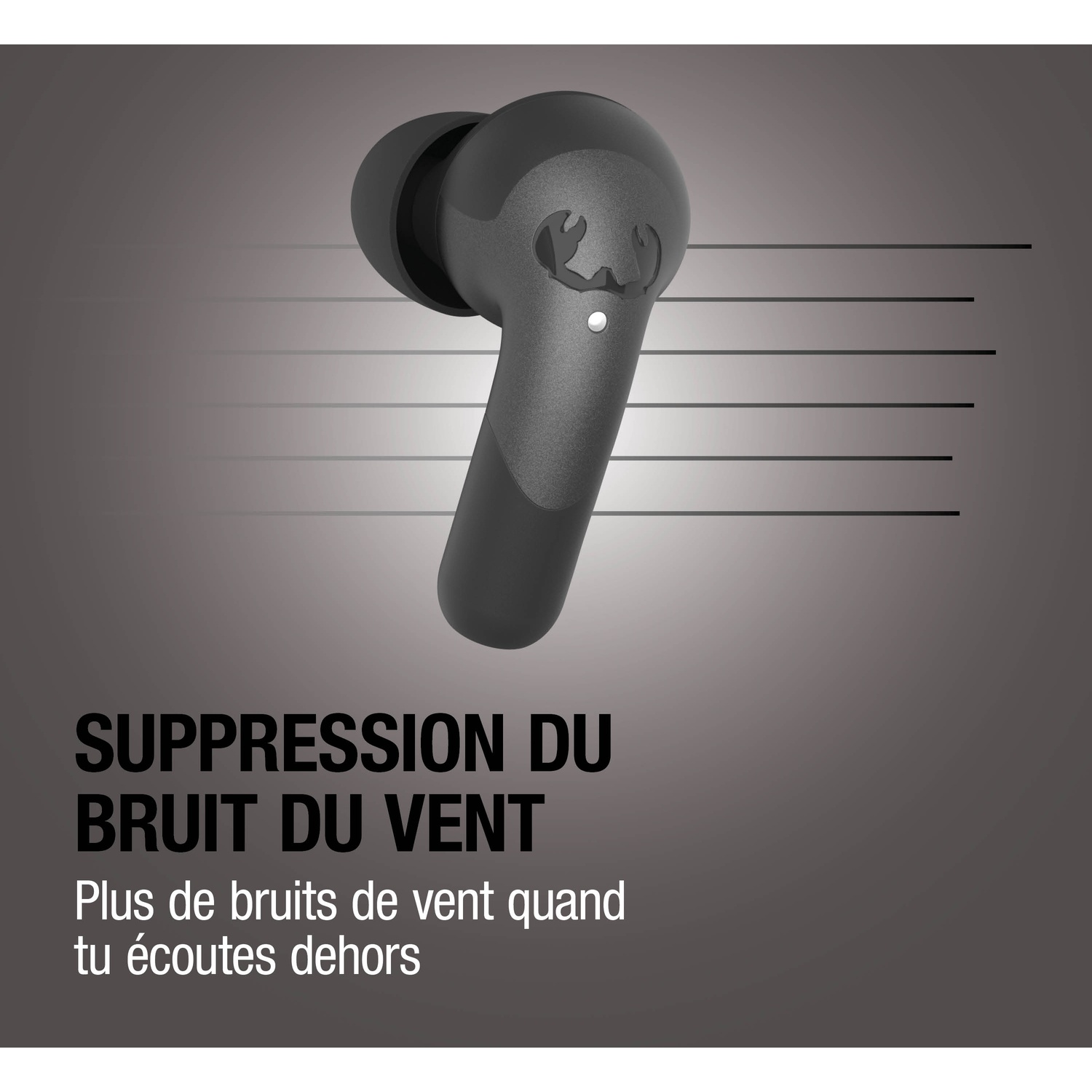 Écouteur noir avec suppression du bruit du vent et lignes au fond.
