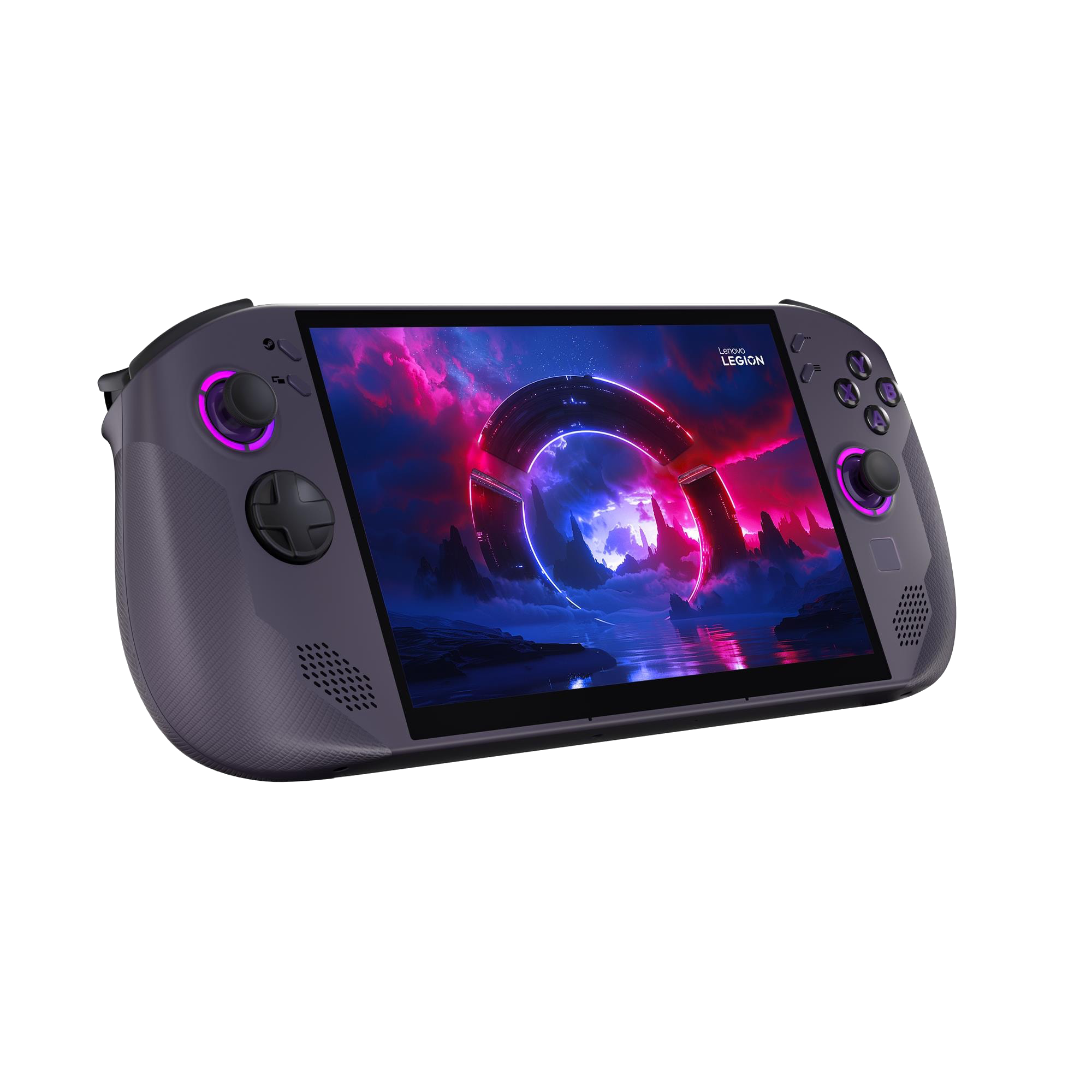Dispositivo portátil gris con pantalla grande que muestra un juego futurista.