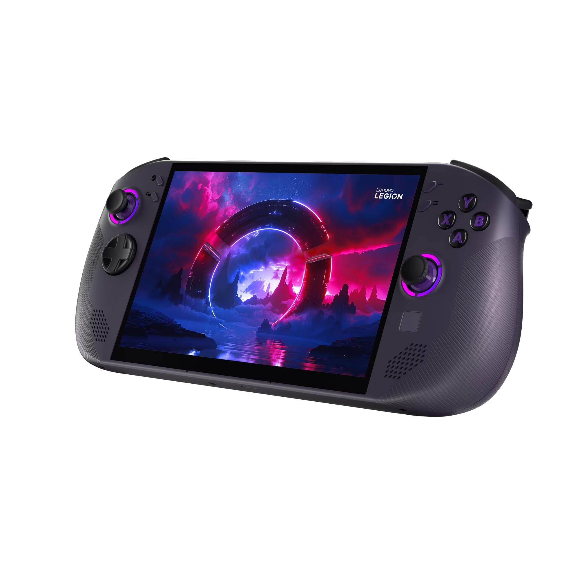 Un dispositivo portátil de juegos morado que muestra un fondo de pantalla colorido y futurista.