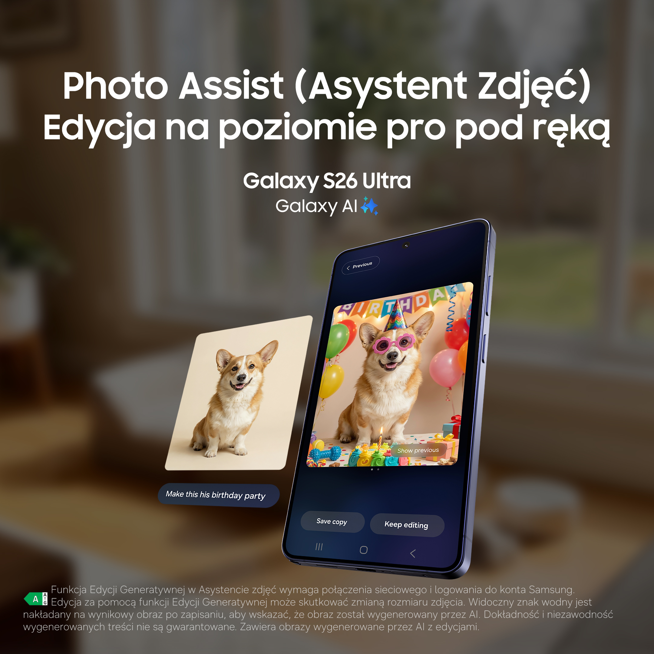 Telefon pokazuje psa w czapce urodzinowej. Obok jest inny pies.