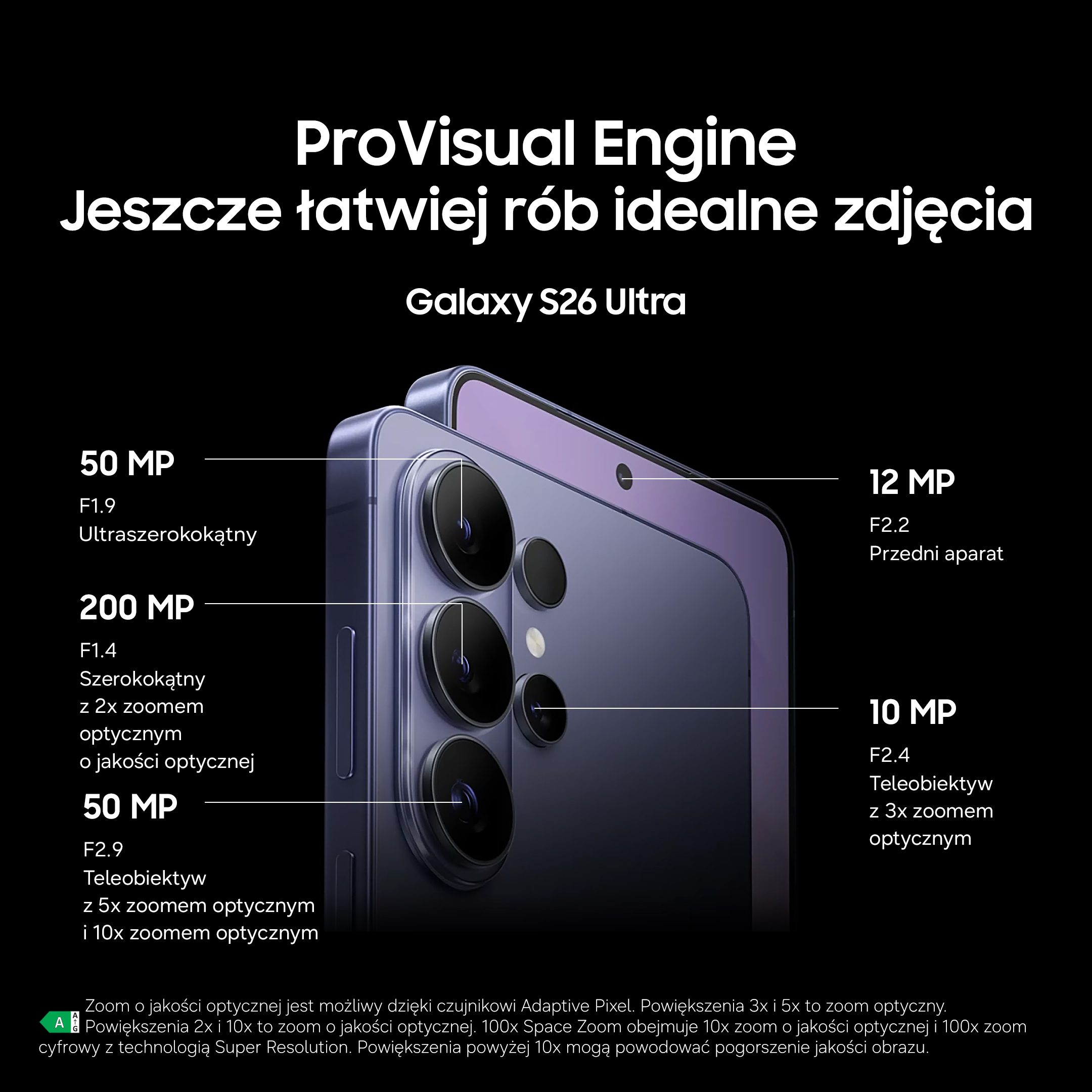 Samsung Galaxy S26 Ultra z ProVisual Engine podkreśla specyfikacje aparatu.
