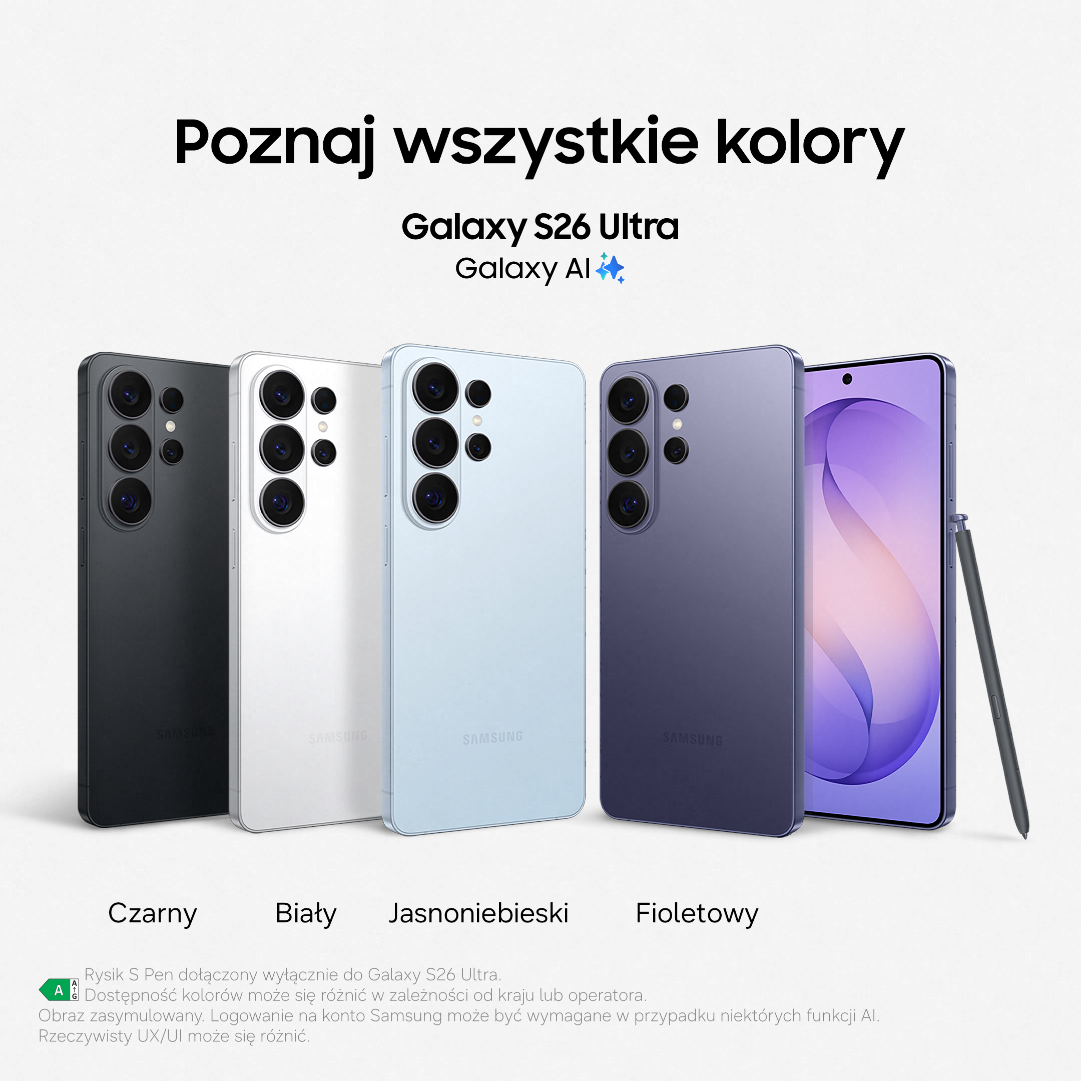 Cztery smartfony Samsung Galaxy S26 Ultra w kolorach czarnym, białym, jasnoniebieskim, fioletowym.
